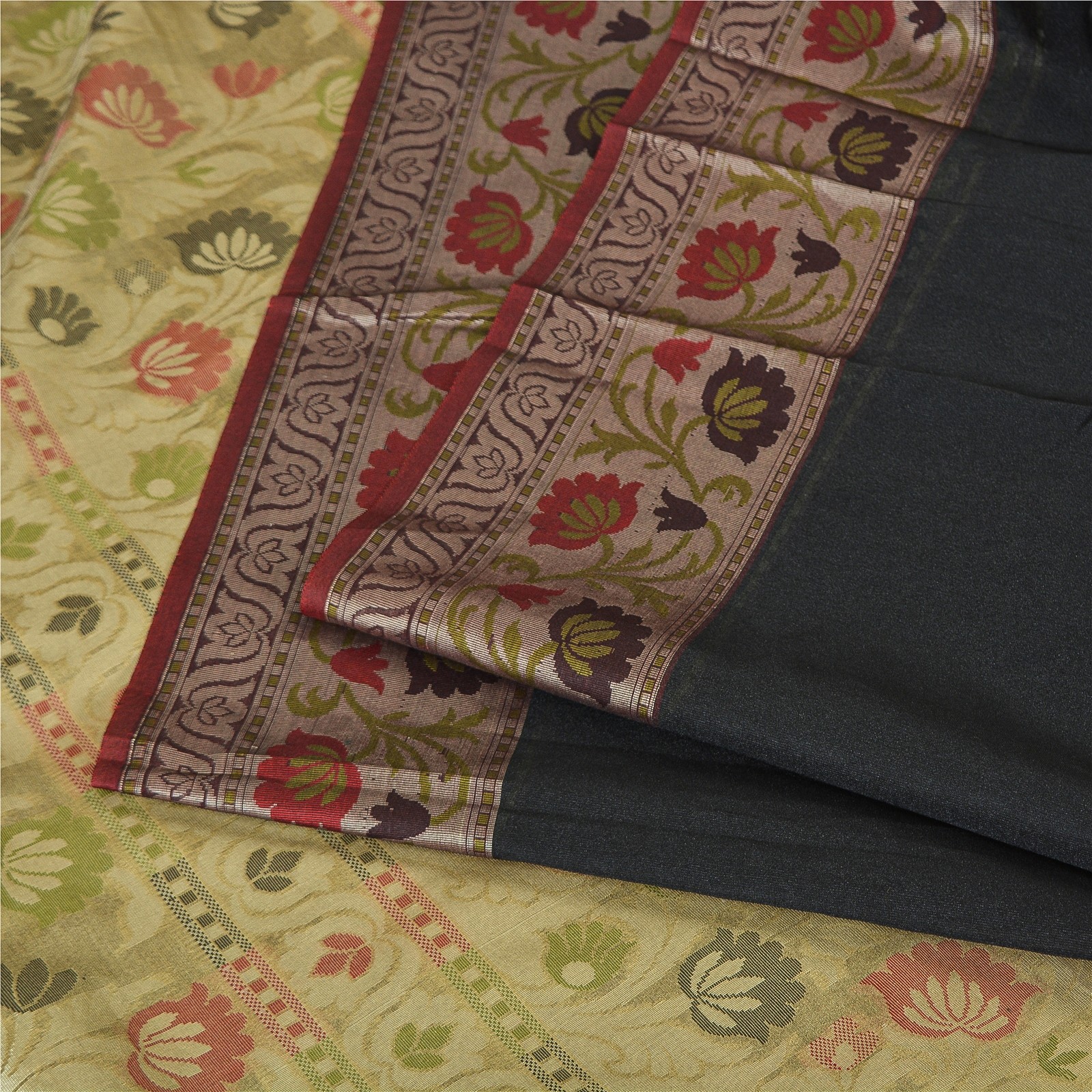 Sanskriti Vintage Indian Sari Art Silk Black Woven & Solid Sarees 5+Yd Crafters