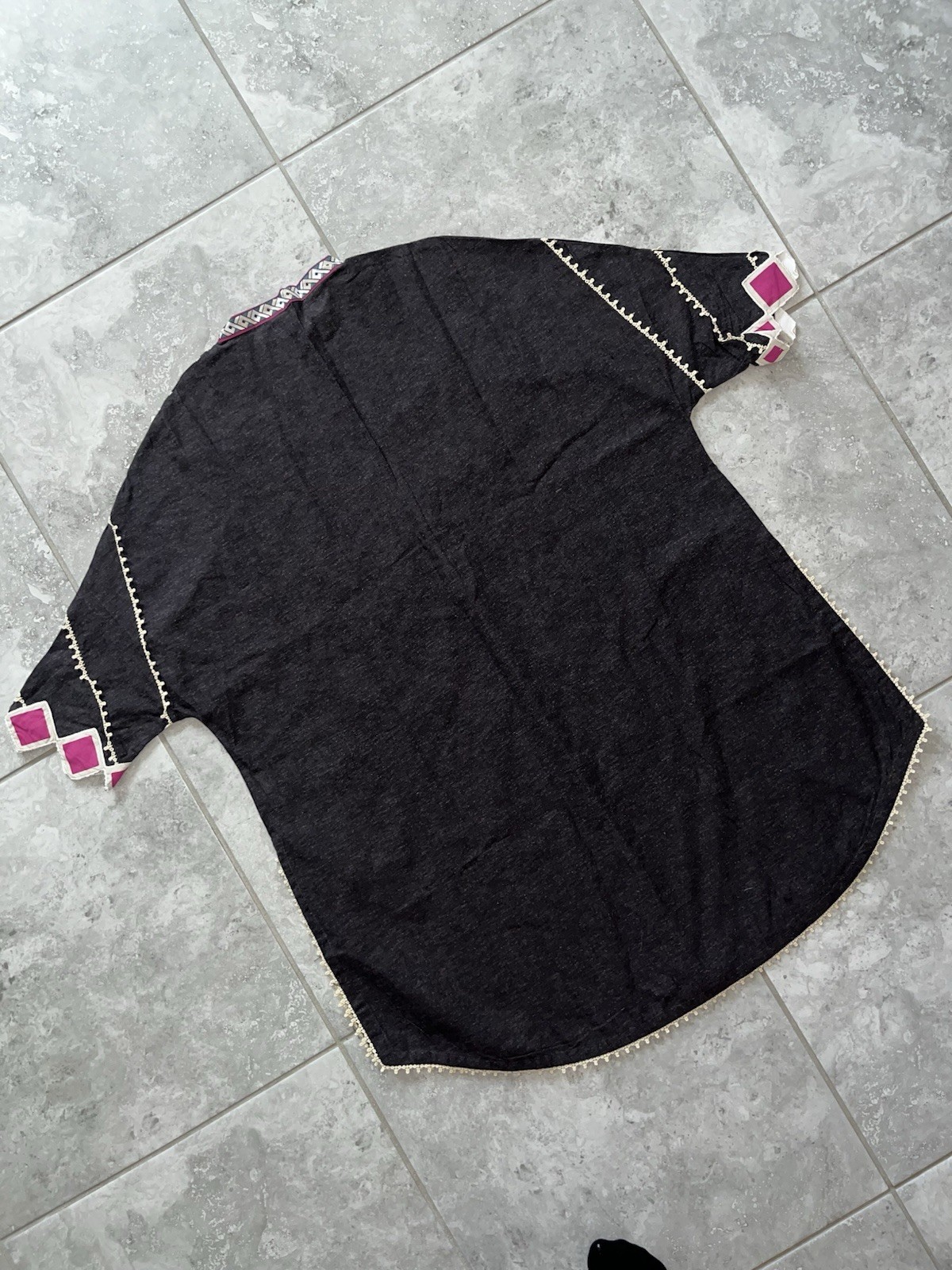 SANA SAFINAZ Geometric Embroidered Cotton Kurti Tunic Shirt Dress NEW Gray L