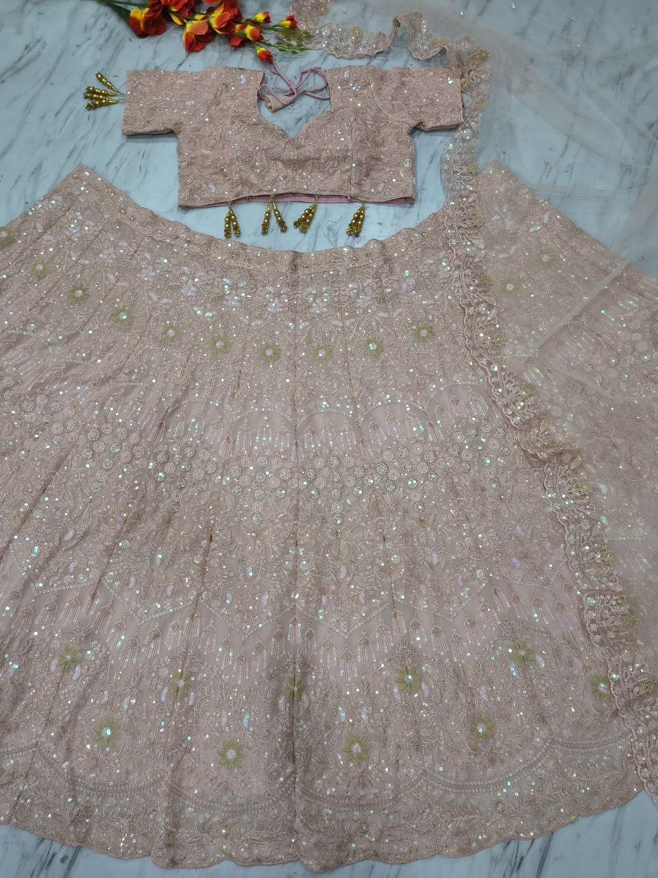 Fancy Designer Peach Faux Georgette Lehenga Choli With Dupatta For Wedding Wear
