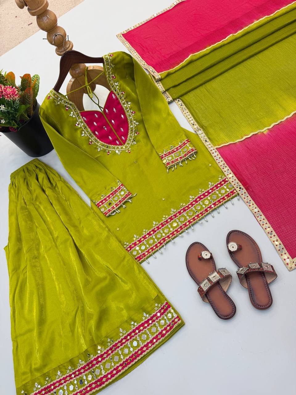 Attractive Roman Glass Parrot Green Top Palazzo With Dupatta For Women & Girls