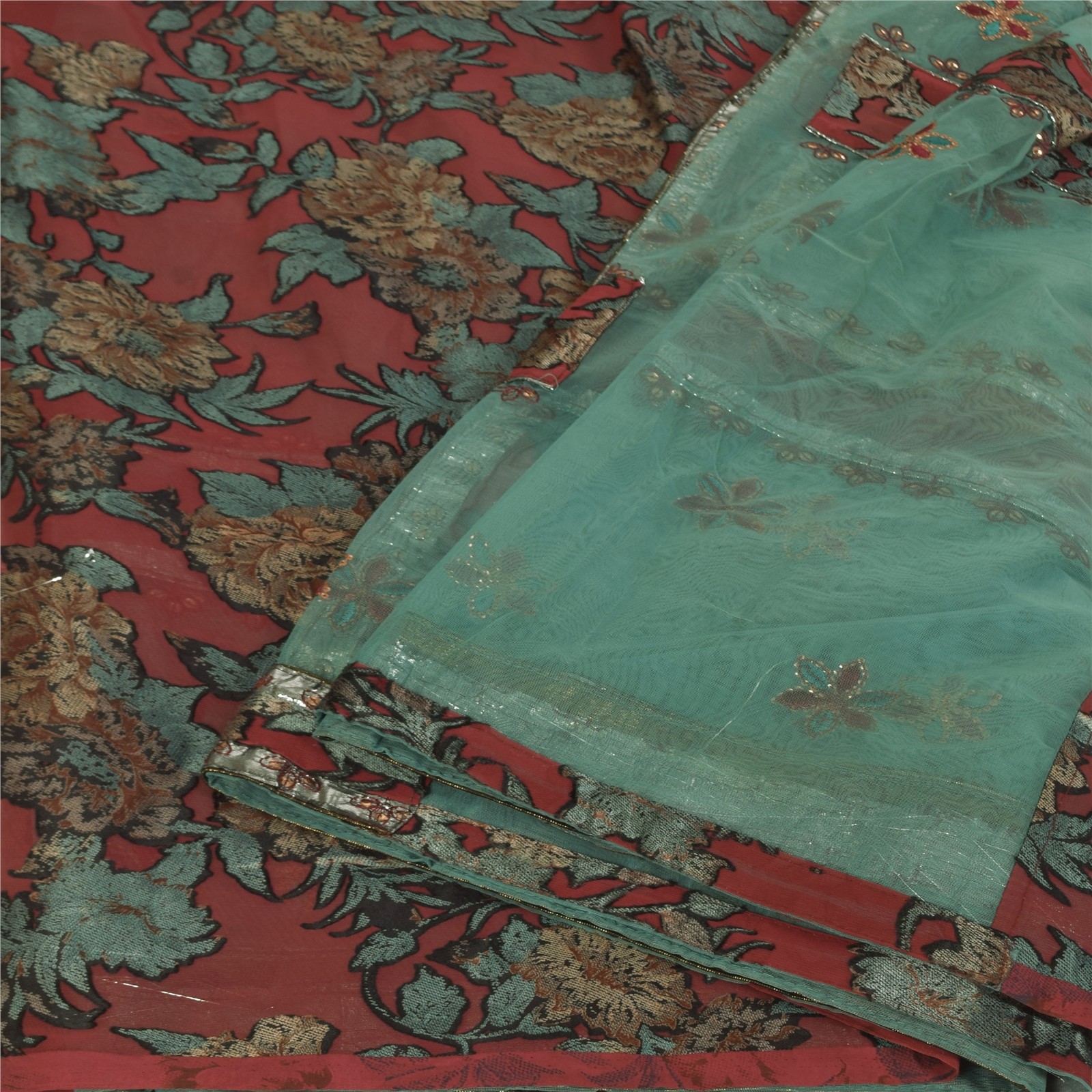 Sanskriti Vintage Red/Green Sarees Art Silk/Net Embroidered Premium Fabric Sari