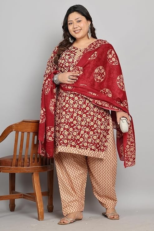 Women Maroon Print Kurta With Patiala & Dupatta ,Indian Plus Size Salwar Kameez