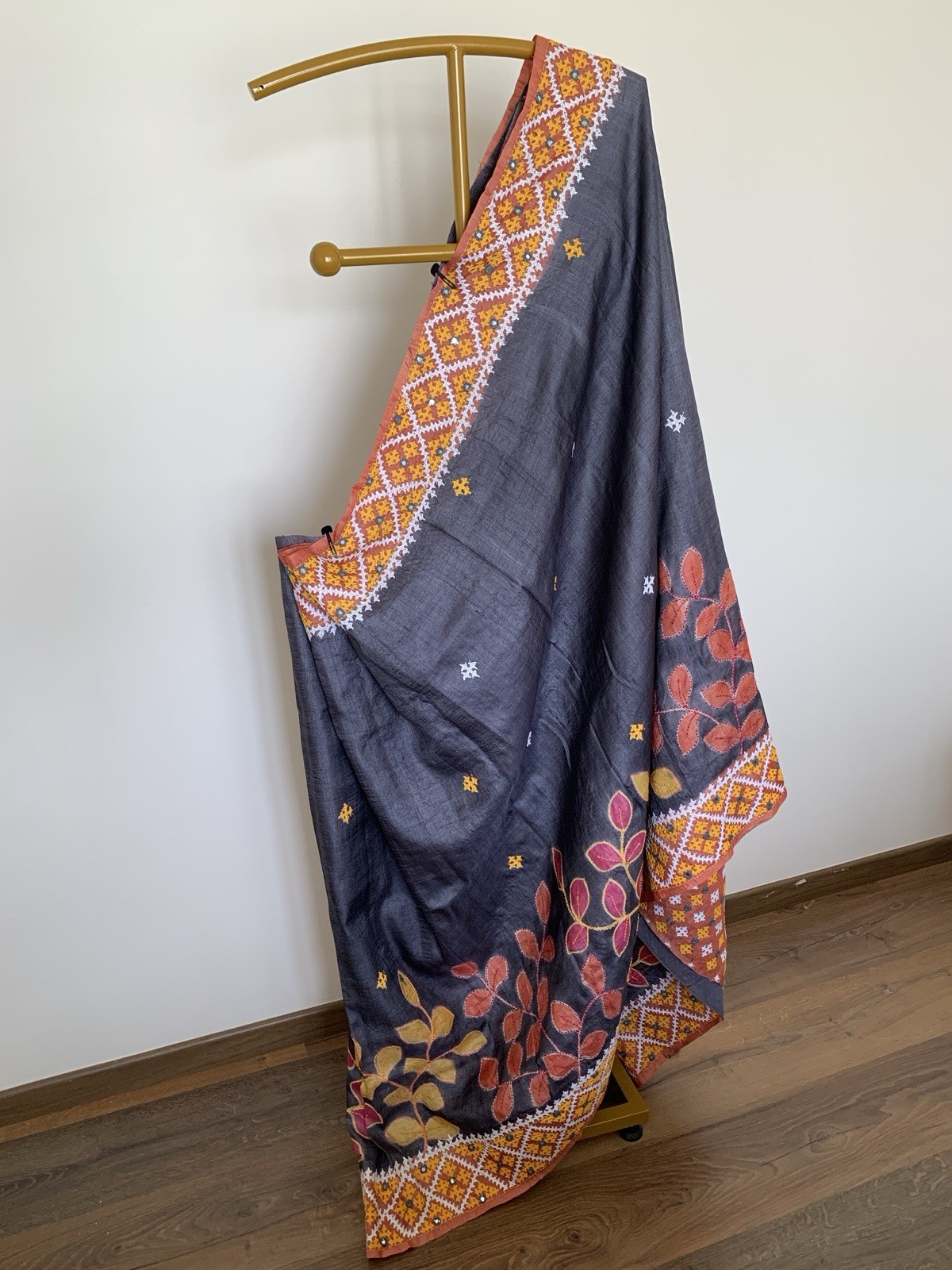 Gray Gujurati Stitch Tussar Silk Saree sari Festival party wear For Women