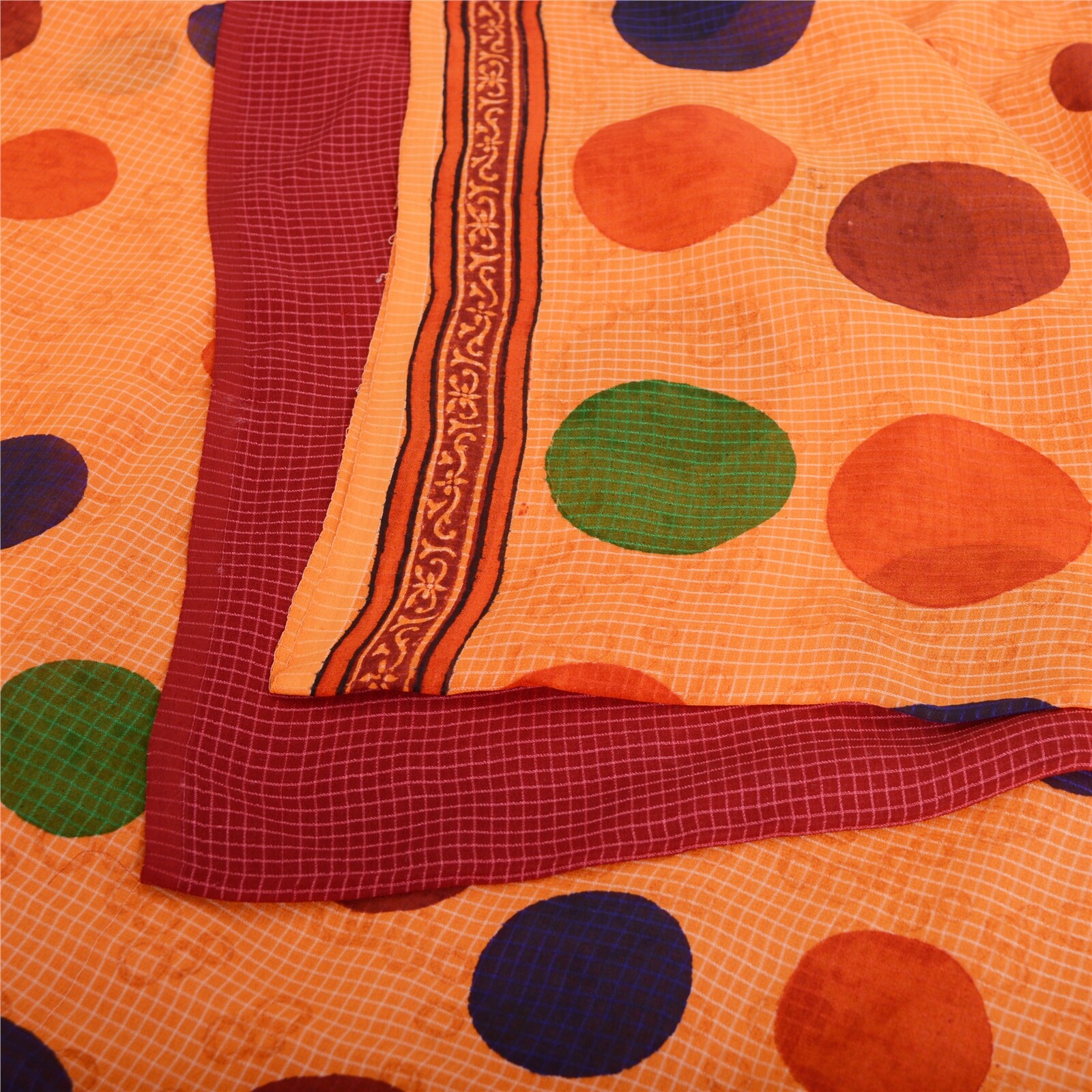 Sanskriti Vintage Sarees Red-Orange Kota Doria Pure Georgette Print Sari Fabric