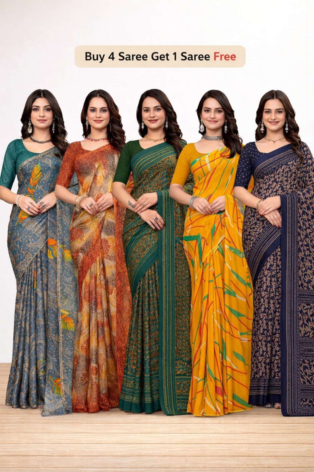 Printed Bollywood Georgette Saree with Unstitched Blouse (Pack of 5, Multicolor)