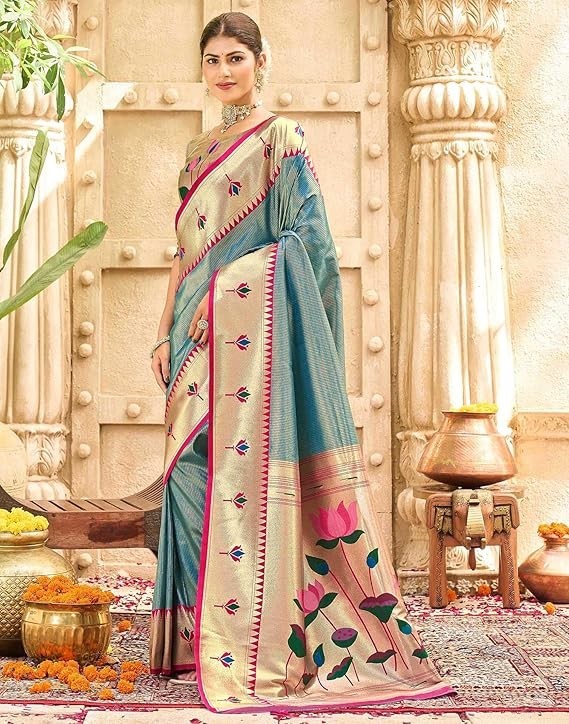 Women’s Paithani Soft Silk Kanjivaram Saree With Unstitched Blouse Piece