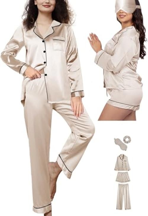 5Pcs XS-XXL Womens Silk Satin Pajamas Sets Long Pj Sets Medium Dusty Blue-c