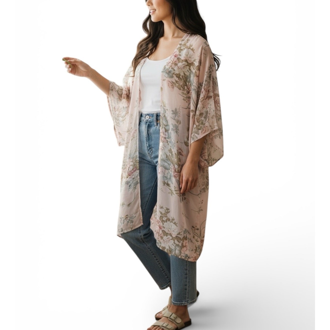 Light Pink Sheer Floral Open Front Kimono Size Small