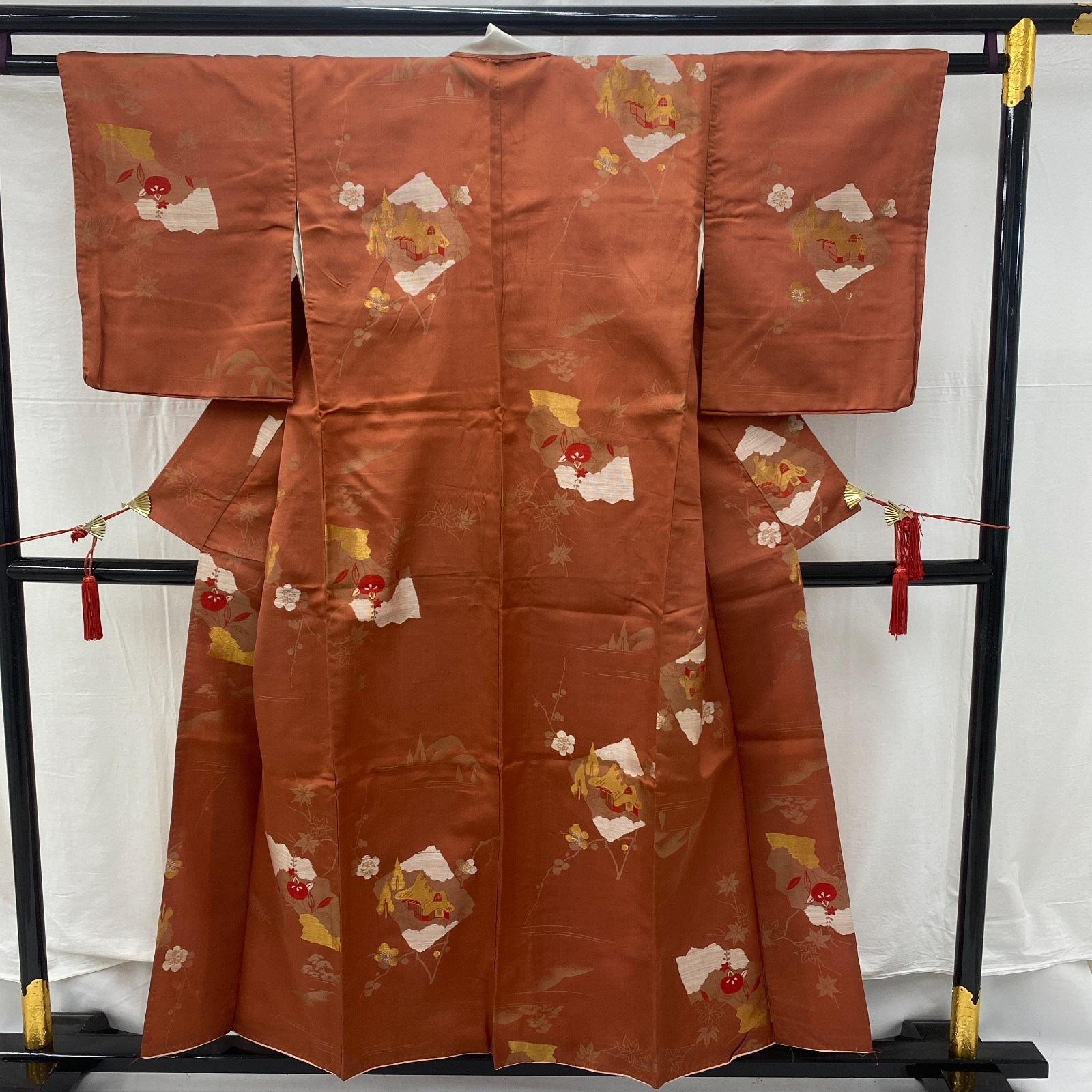 Japanese Vintage Kimono Polyester Brown Komon Traditional Authentic Length 59in