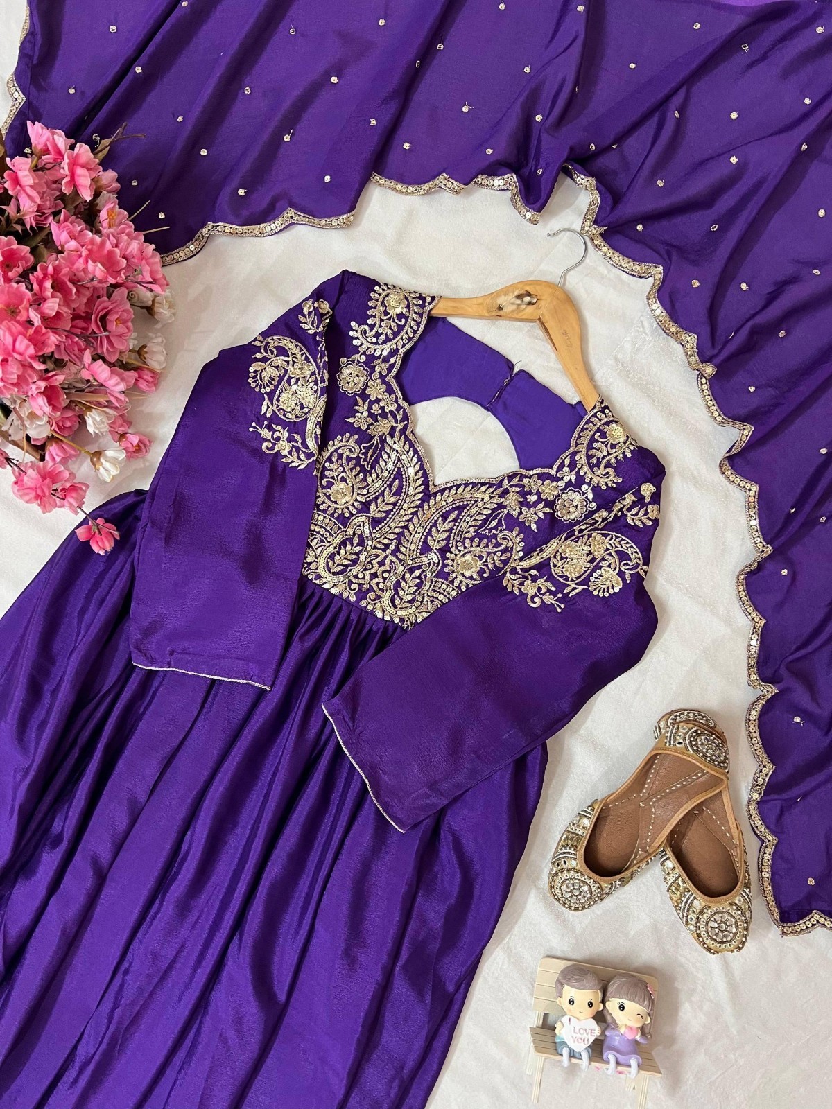 Floral Print Anarkali Gown Maxi Dress Wedding Party Wear Dupatta Set For Women