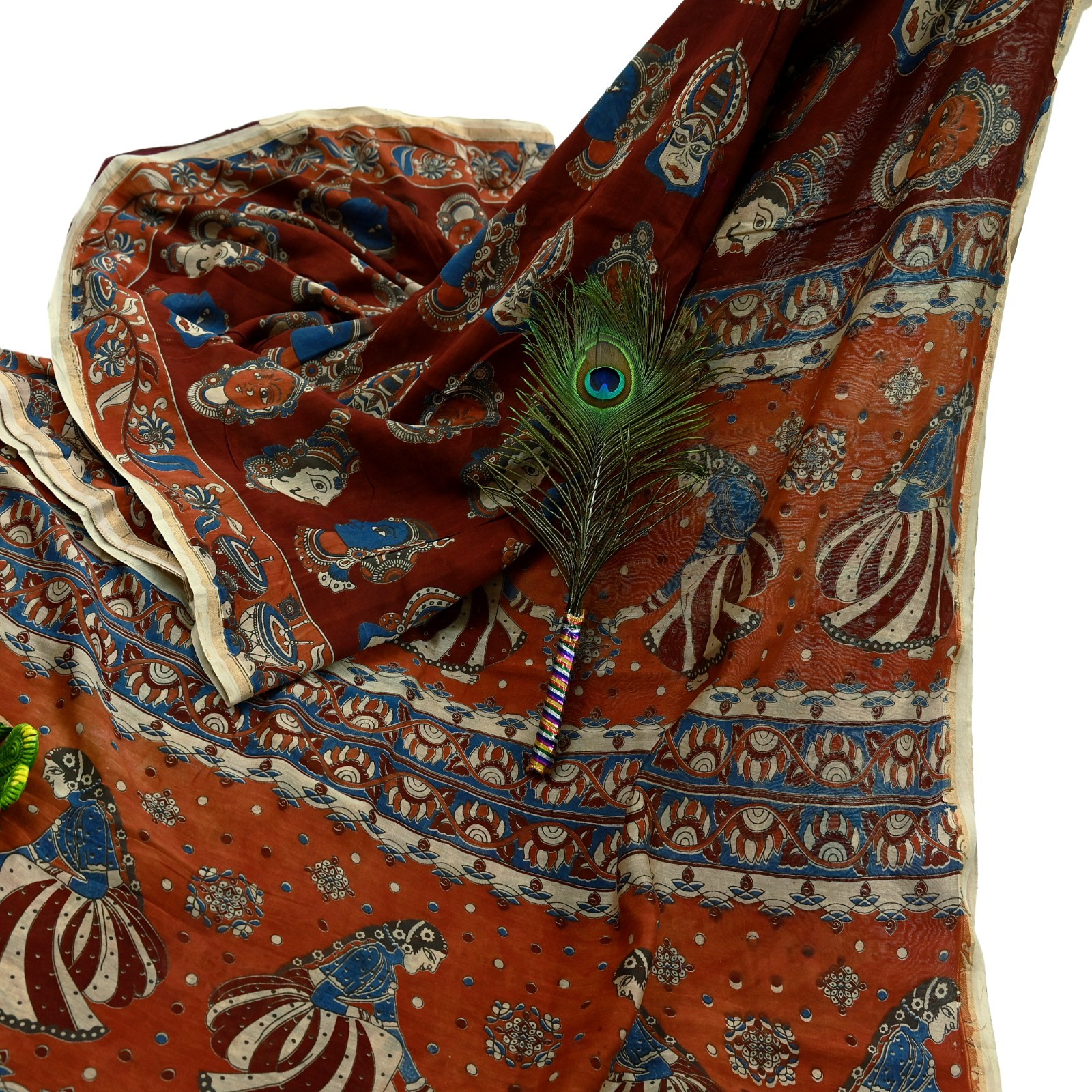 Indian Vintage Sari Pure chanderi Silk Kalamkari Print Sarees Fabric 5Yards Zari