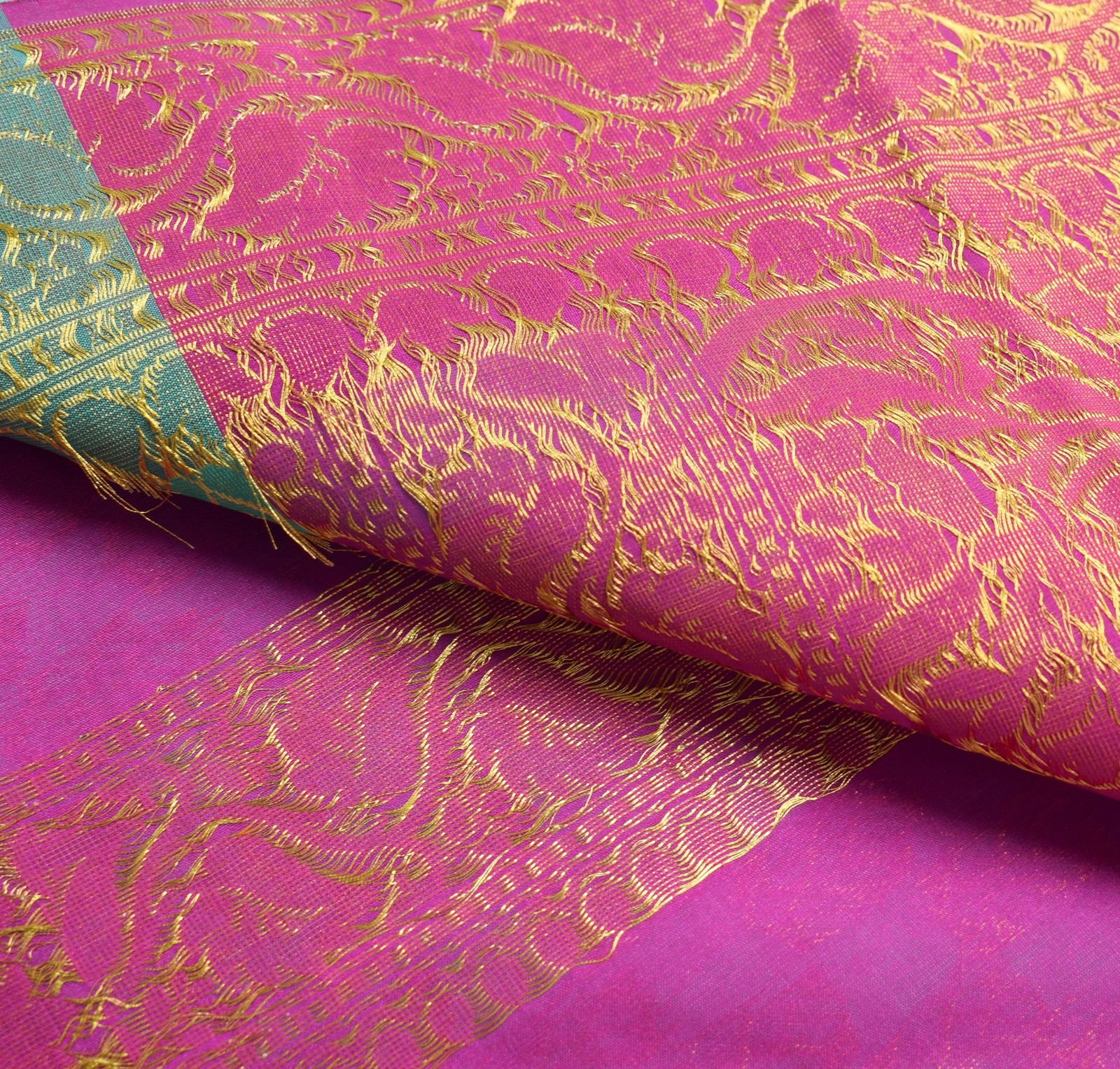 Indian Aqua Green Banarasi Sari Art Cotton Saree Blouse Fabric Gold Zari Woven
