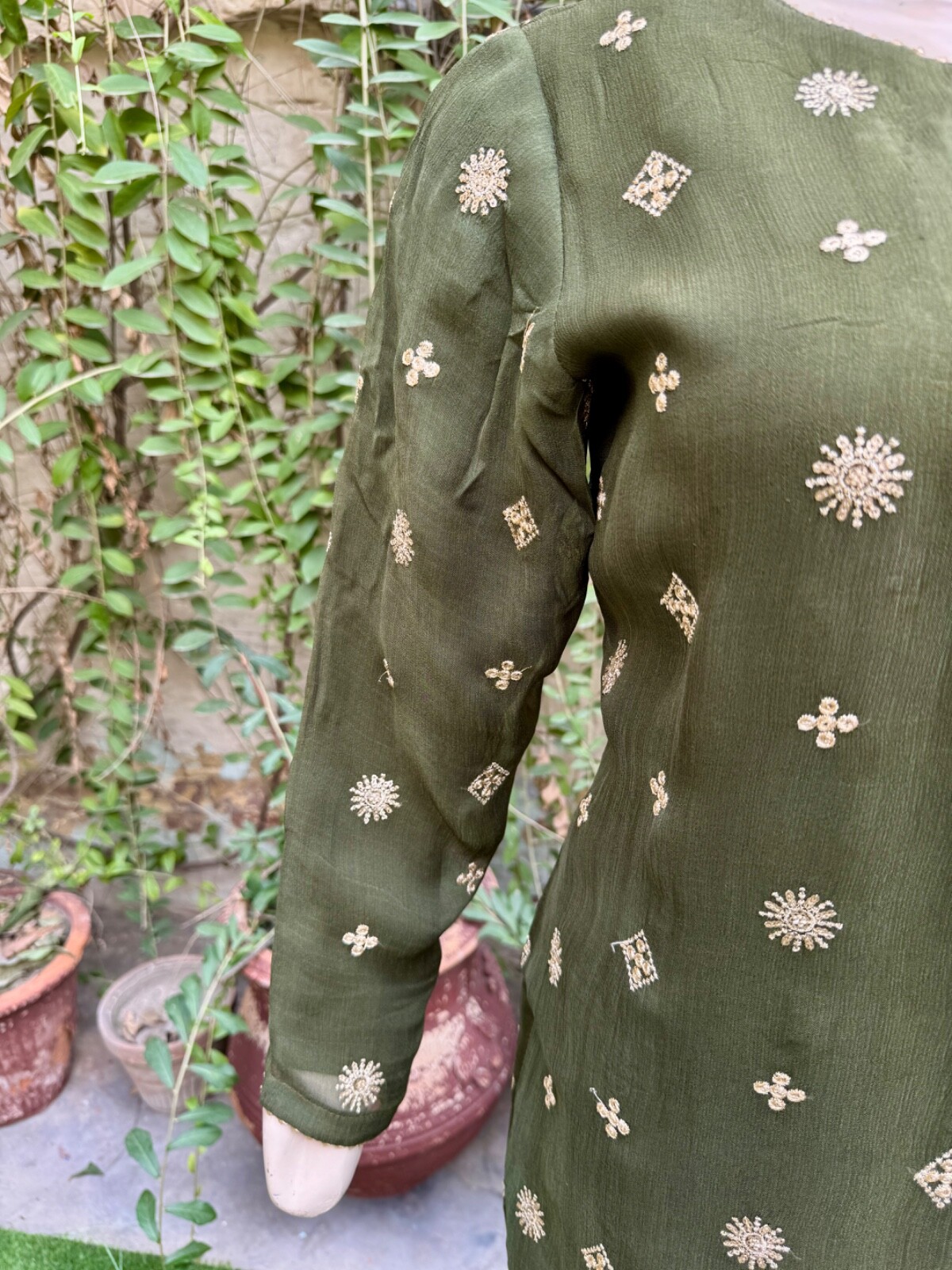Pakistani Mahendi Green Straight Style Embroidered Sequins 3pcs Chiffon Dress,S