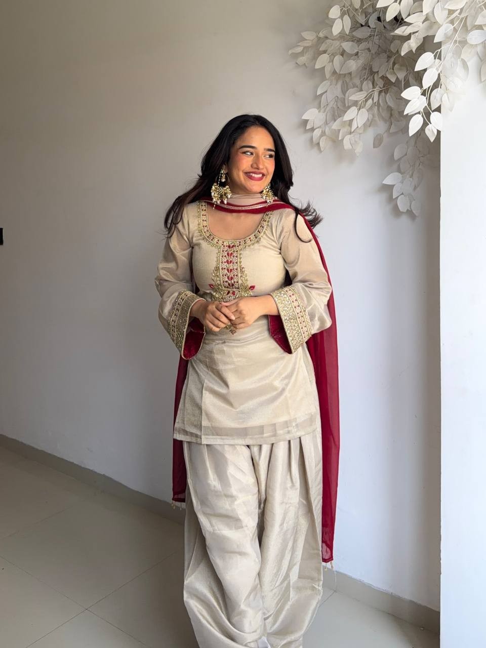 New Latest Tabby Organza Beige Top Bottom With Dupatta For Women & Girls