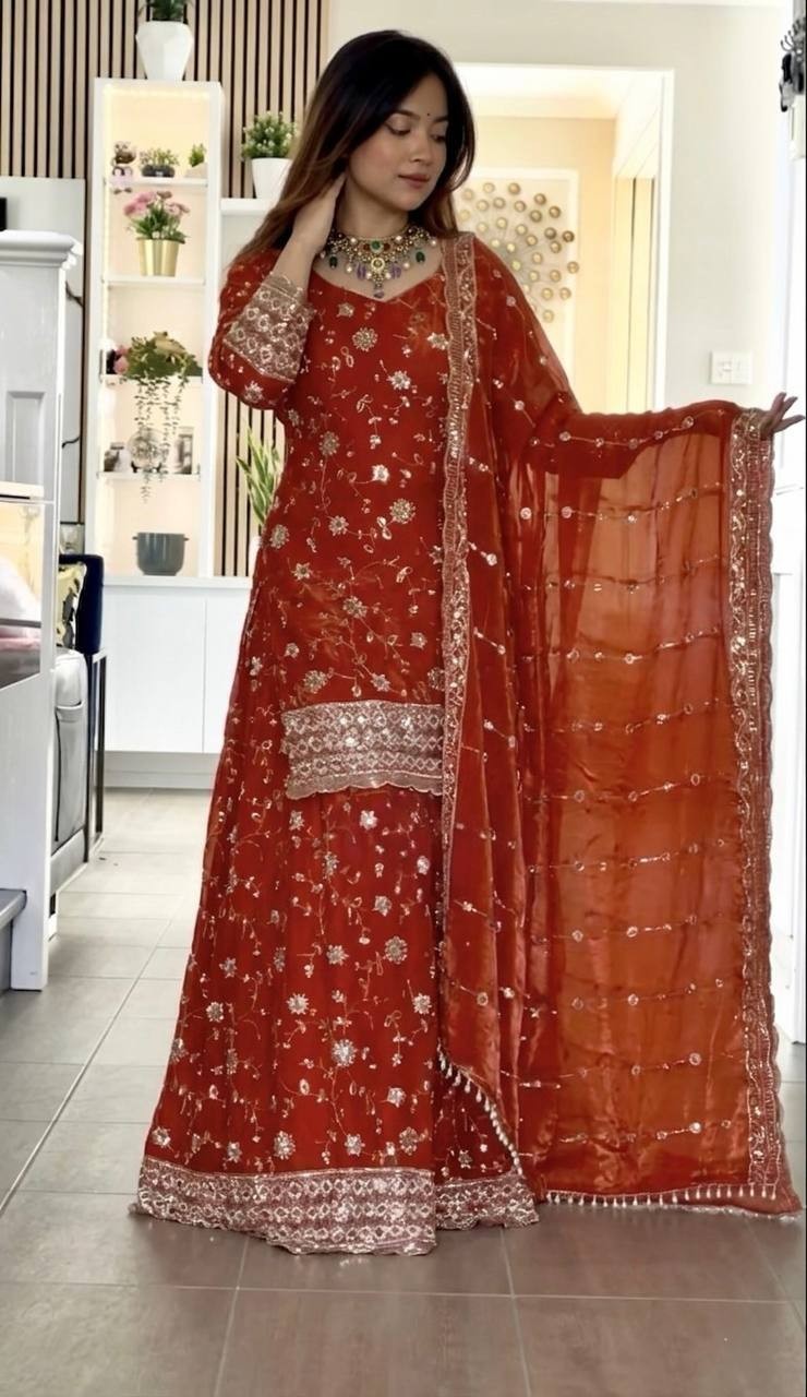 Stunning Pure Silk Orange Top Palazzo With Dupatta For Functional Wear