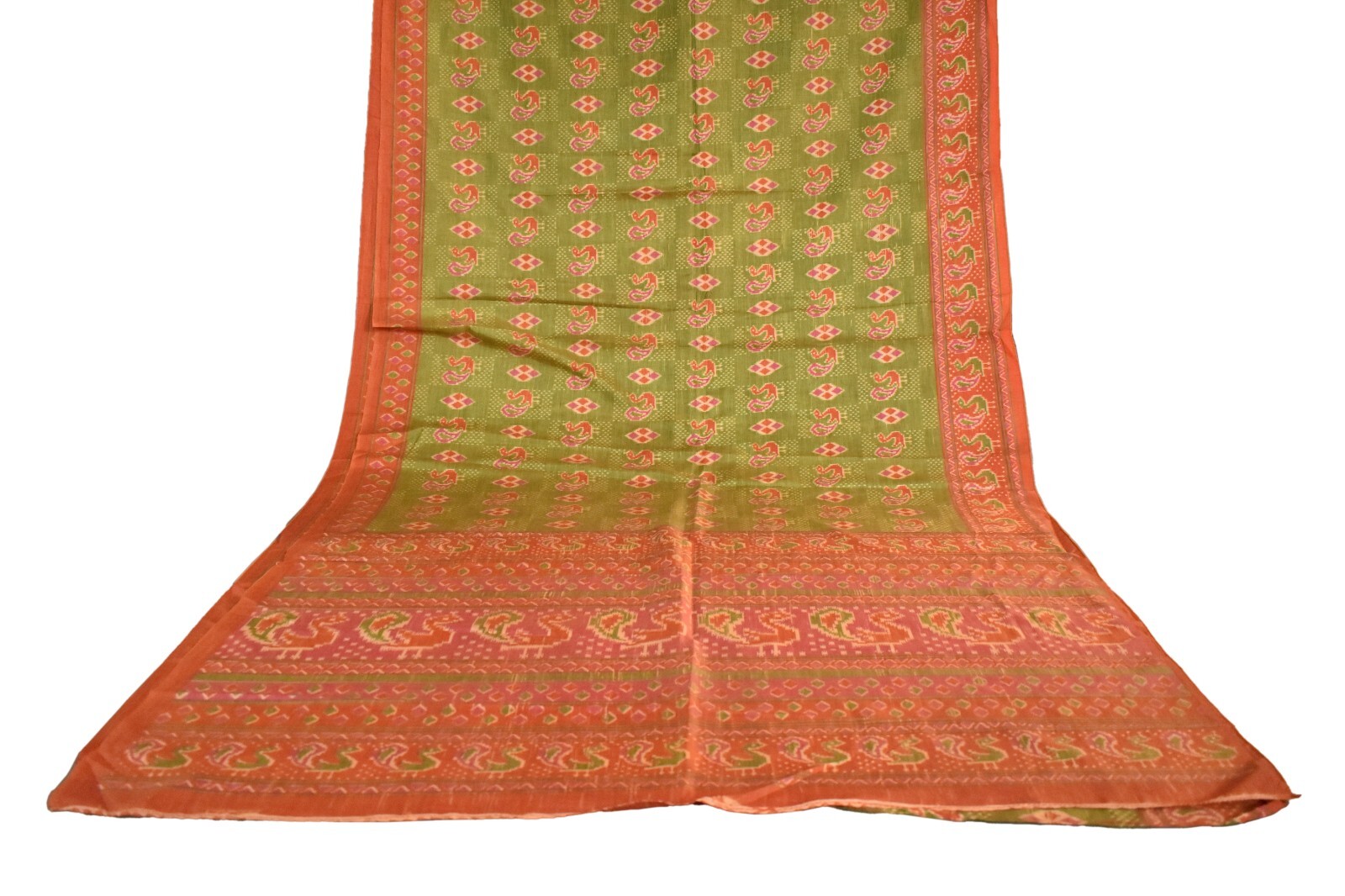 FNC Vintage Green Sambalpuri Ikat Sarees Handwoven Art Silk Sari Fabric Antique
