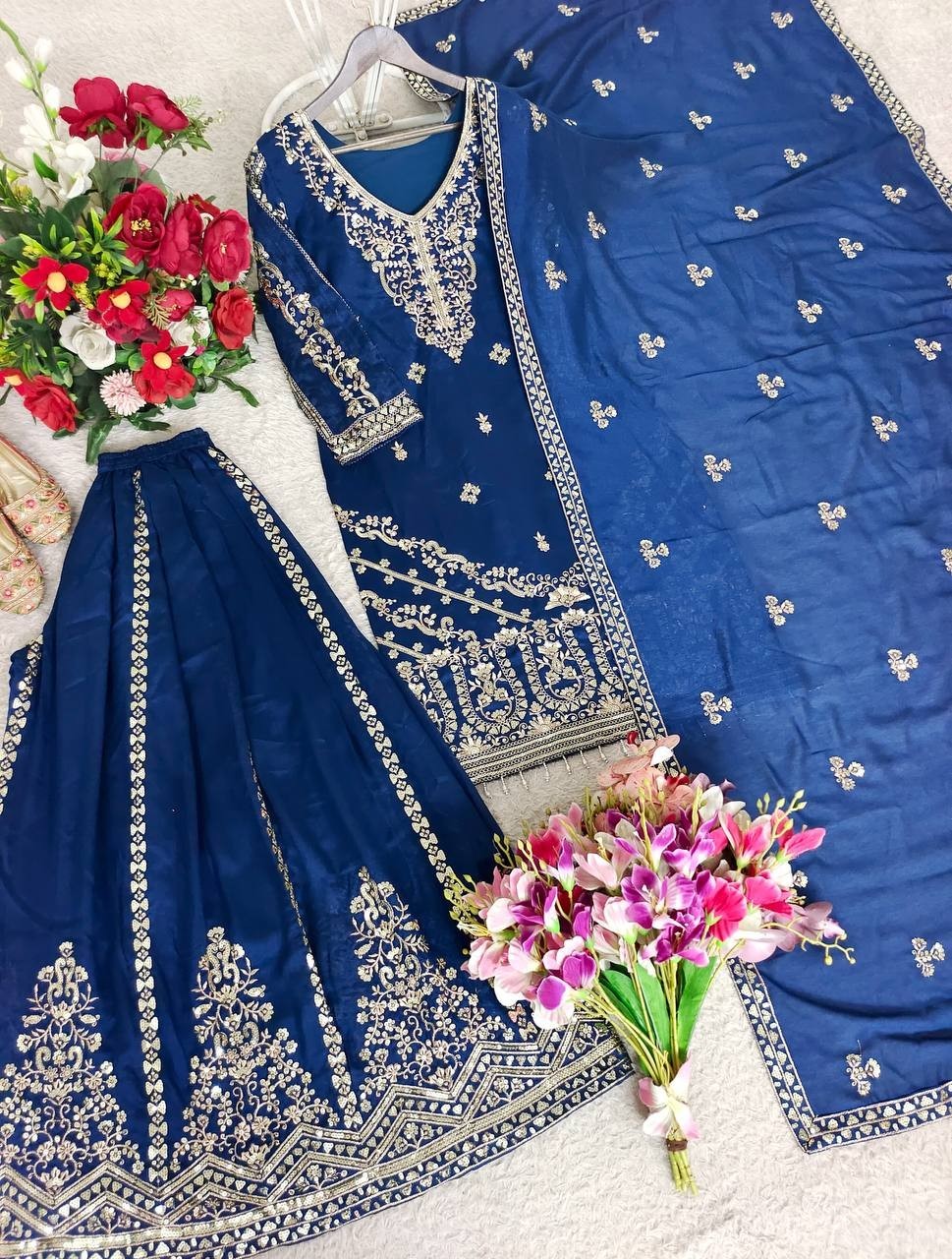 Unique Designer Pure Vichitra Silk Blue Top Palazzo With Dupatta For Reception