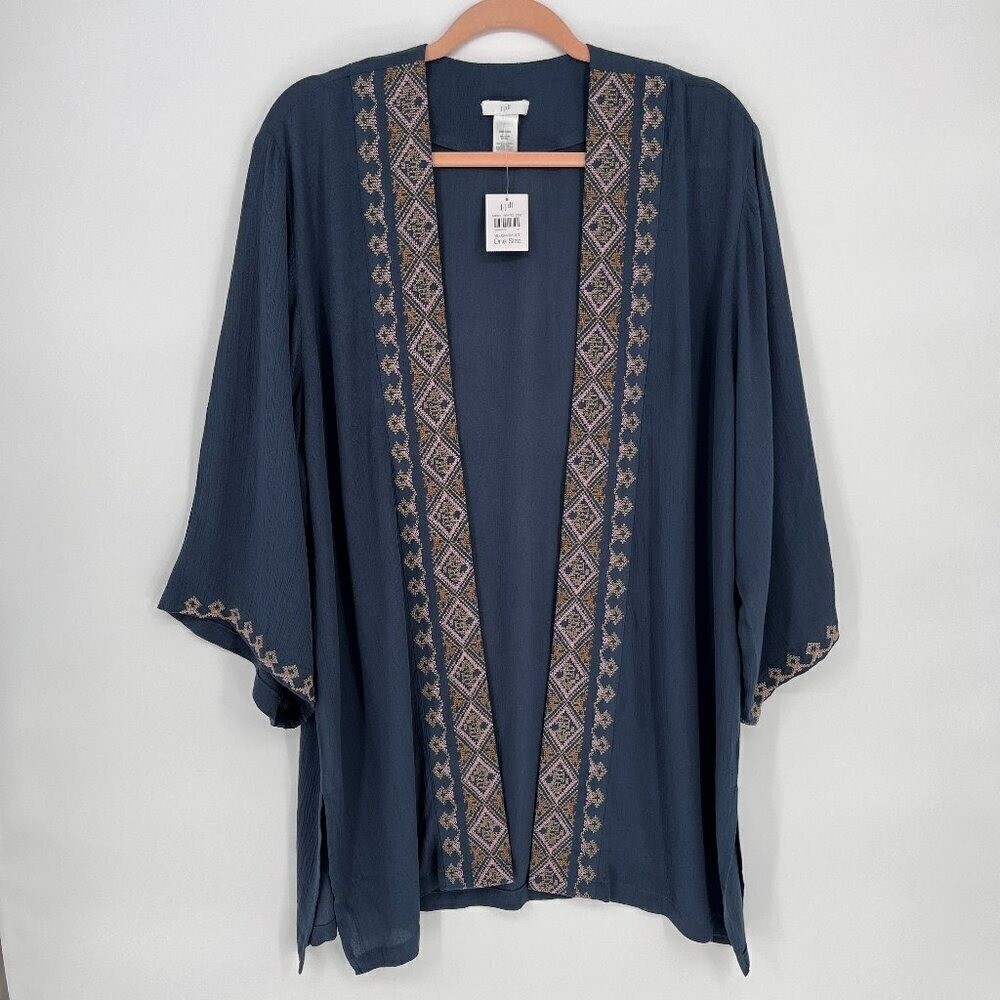 J.JILL EMBROIDERED CRINKLED KIMONO IN BLUE SMOKE LAGENLOOK MULTI NWT