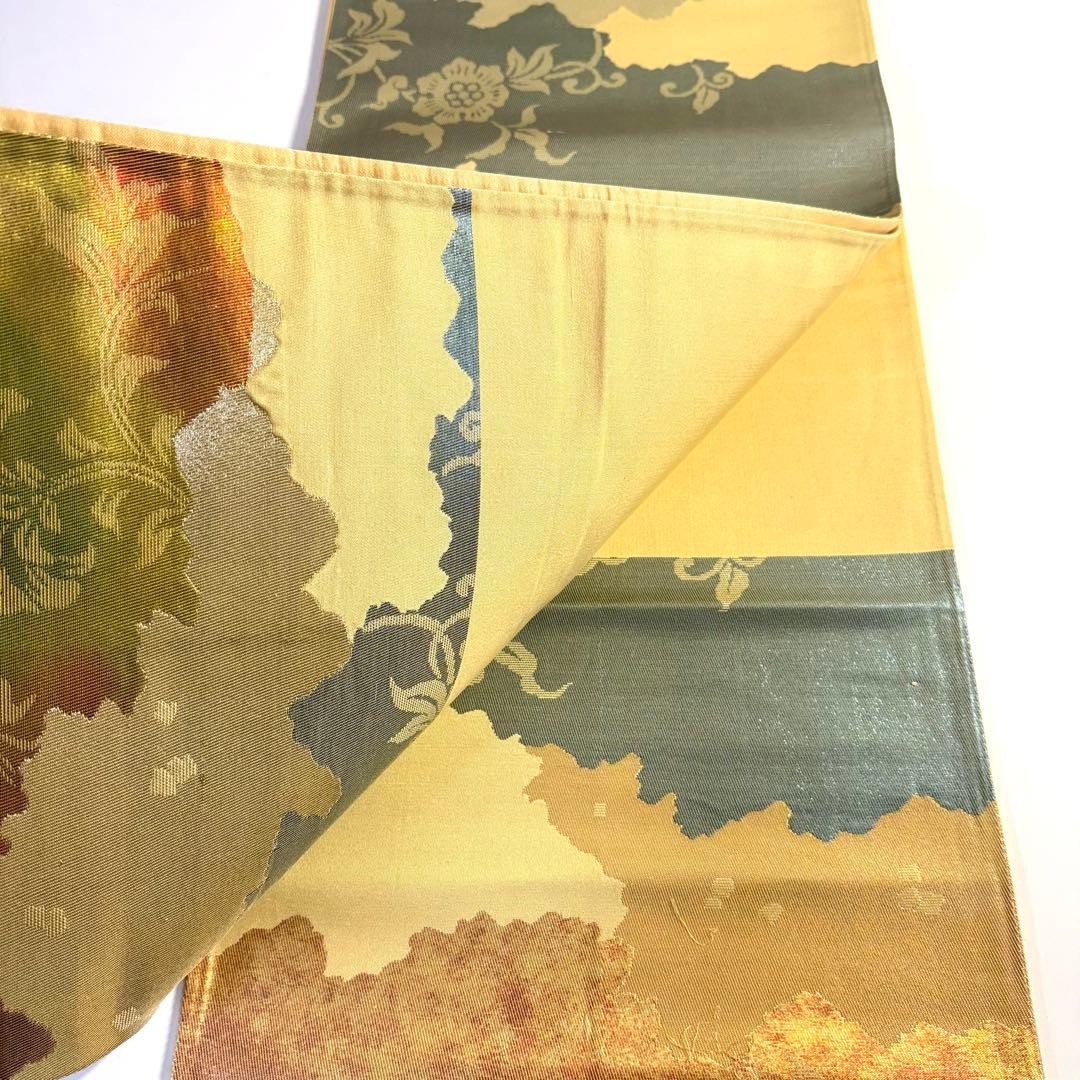 Silk Fukuro Obi Gold Beige Green Red Floral 414cm Japanese Kimono Used