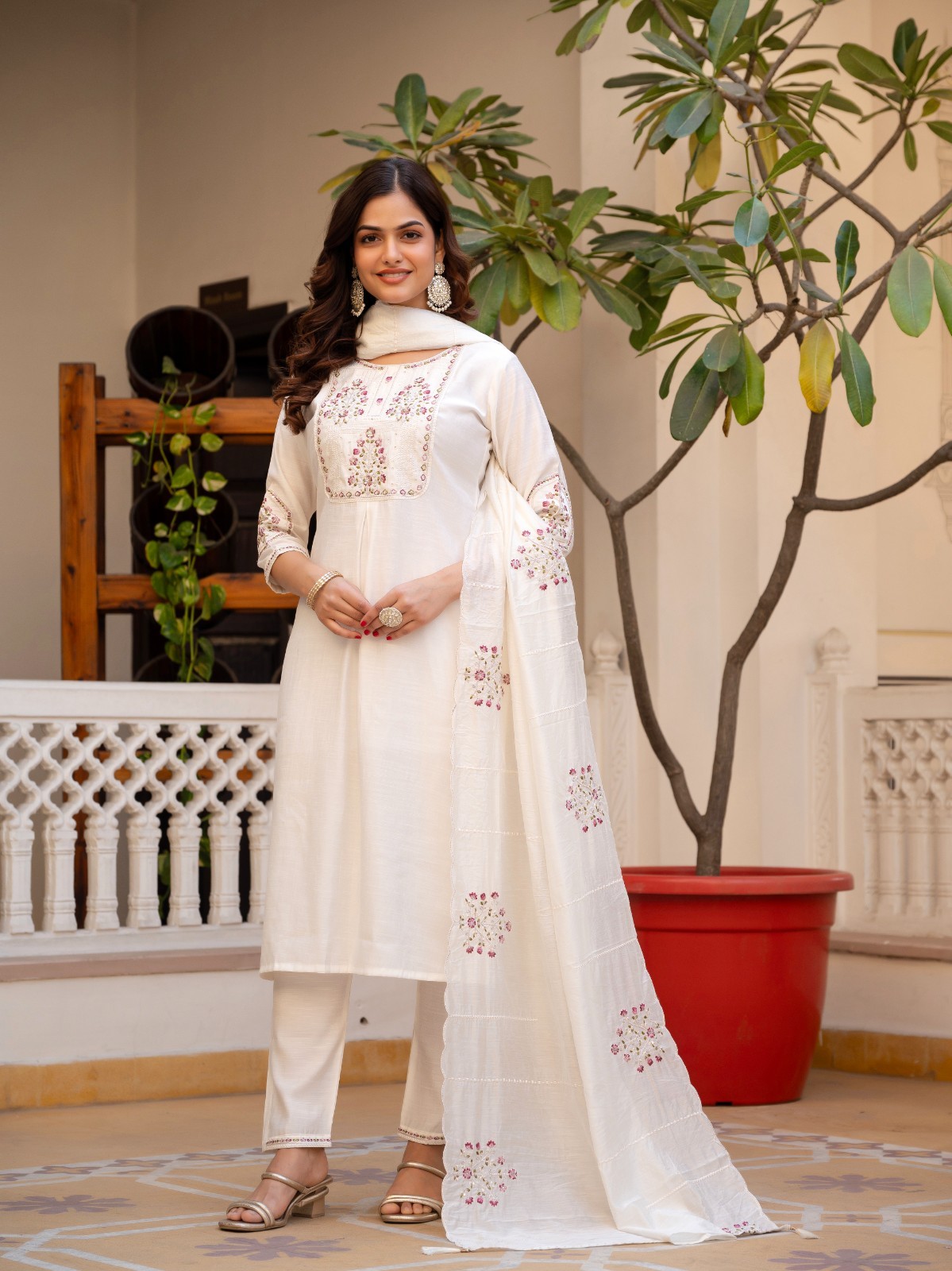 Bollywood Cotton Blend Top Tunic Kurti Set Indian Ethnic Kurta Pant Dupatta Set