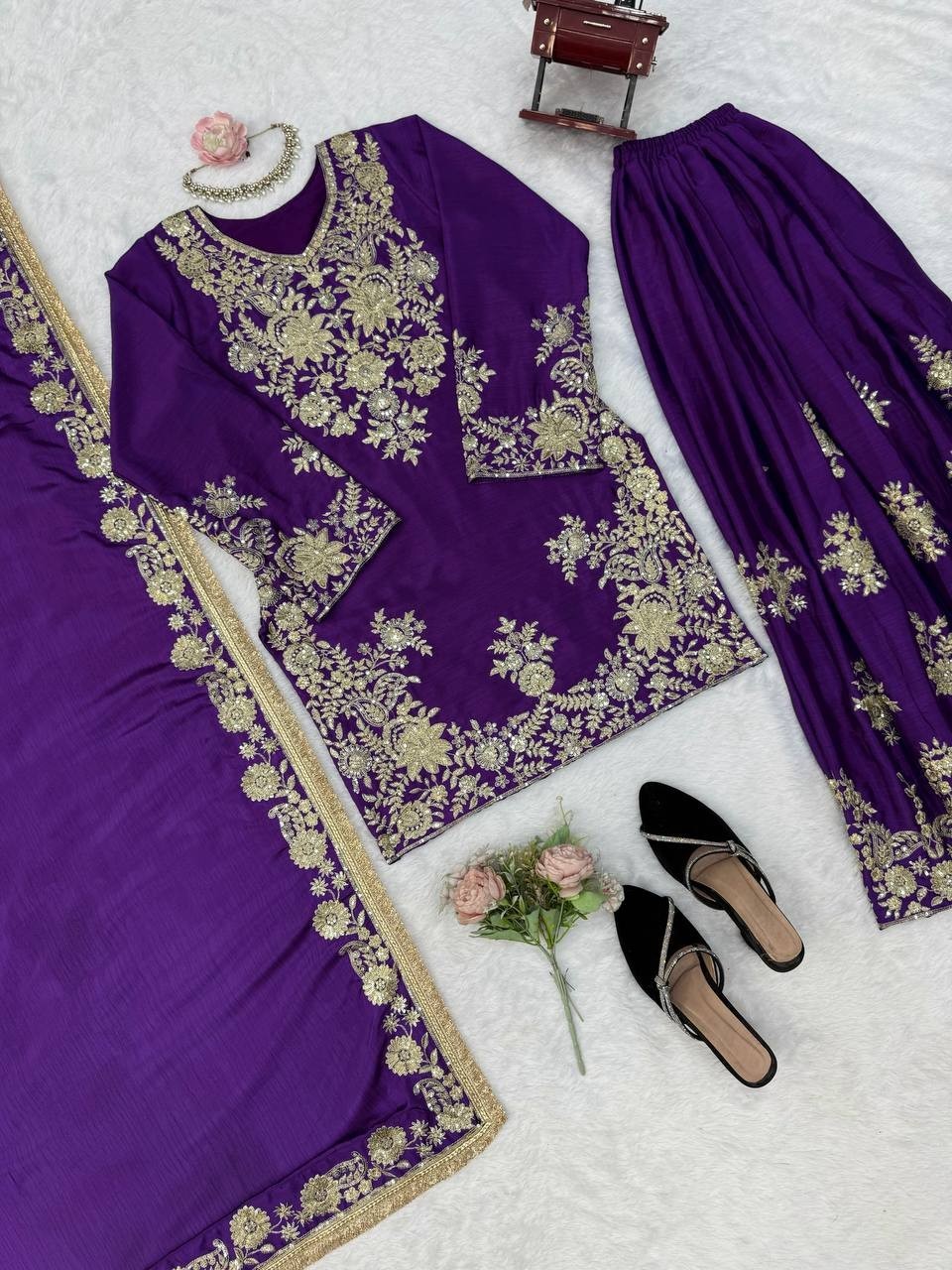 Premium Designer Purple Chinnon Silk Kurta Palazzo With Dupatta For Women