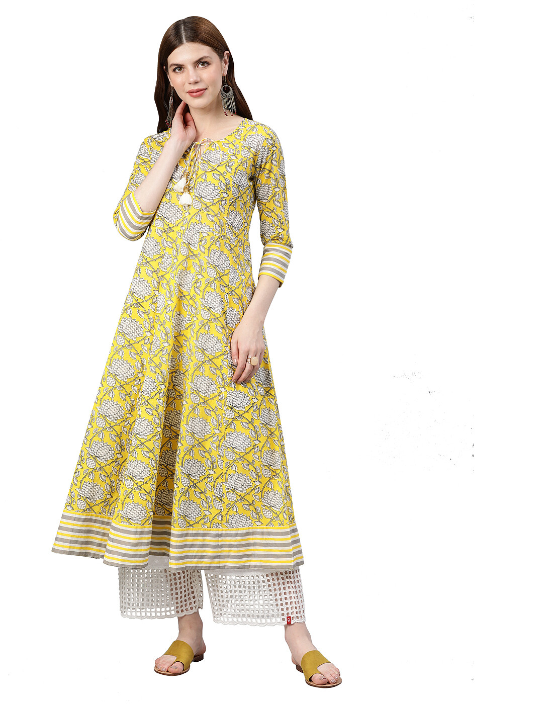 Indian Traditional Women’s Cotton Floral Printed Anarkali Kurta Lemon Yellow