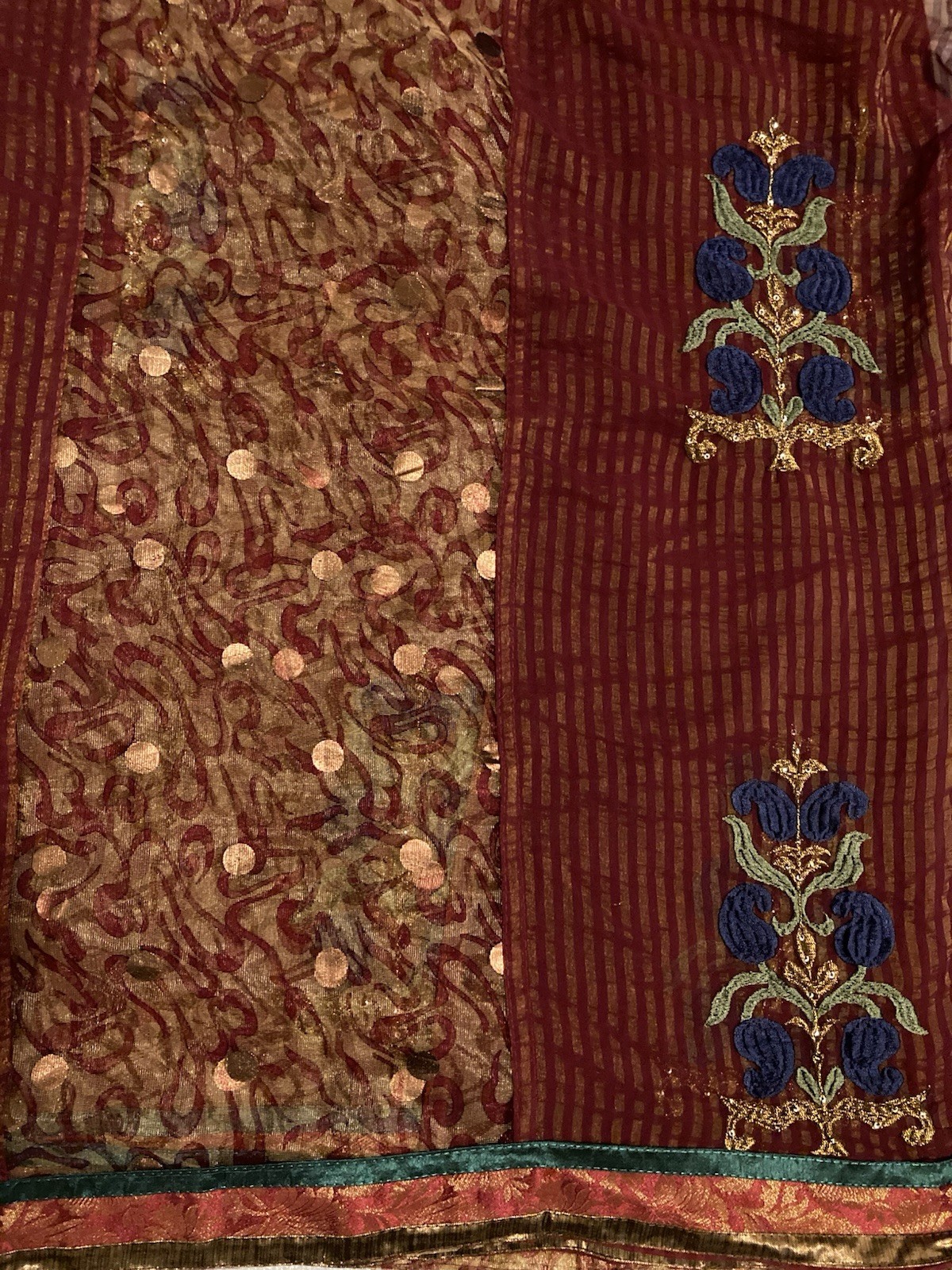 Vintage Saree Maroon Stripes Copper Pennies Navy Blue Green Sari Fabric