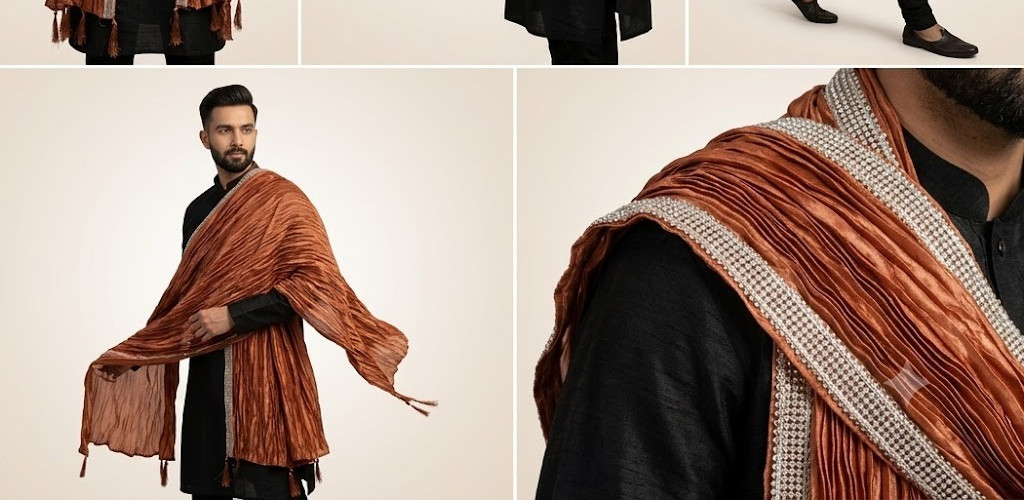 Men Stole Indian New Wedding Groom Chunni Dupatta Sherwani Silk Handmade Brown
