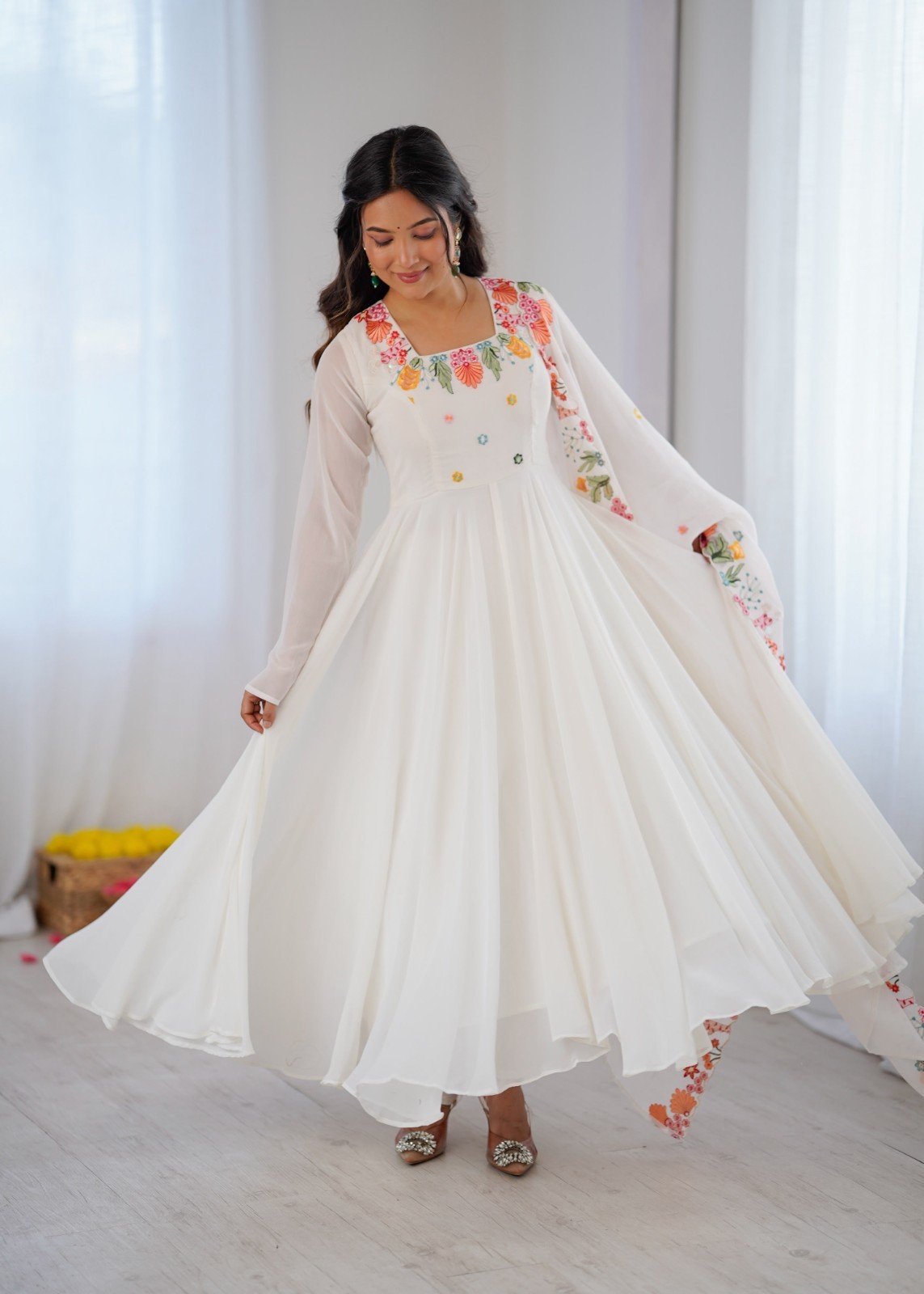 Indian Embroidered Faux Georgette Anarkali Gown Set with Dupatta & Pants Women