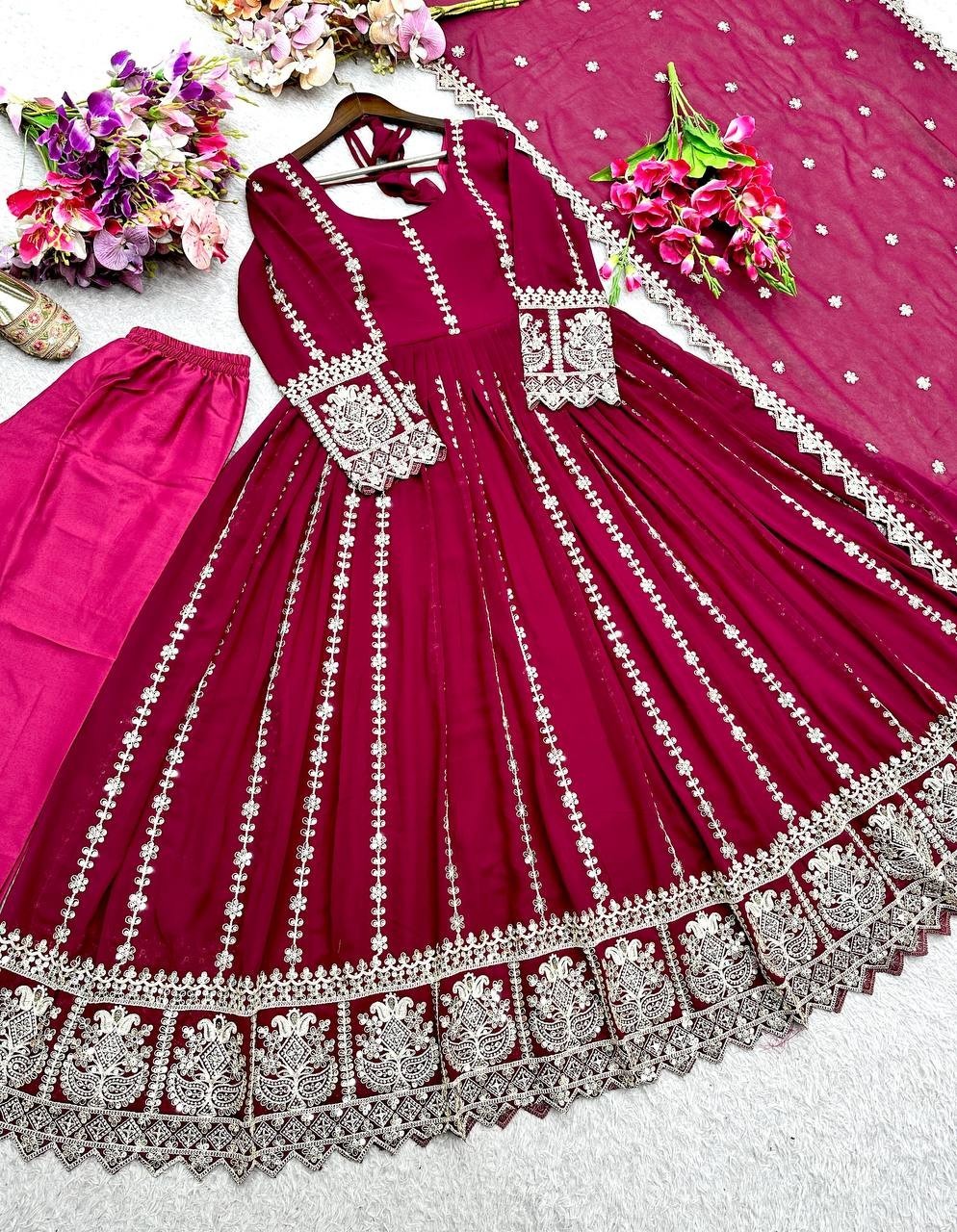 Traditional Wear Maroon Pure Georgette Gown Bottom With Dupatta For Women