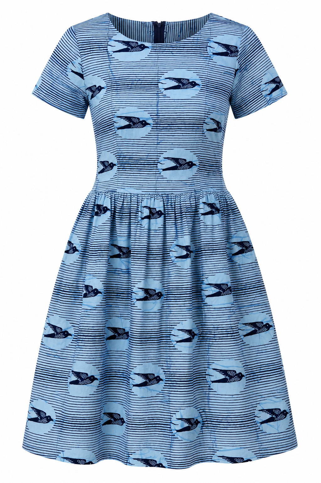Handmade African Wax Print Bird Dress Blue Cotton Fit Flare Pockets 30W