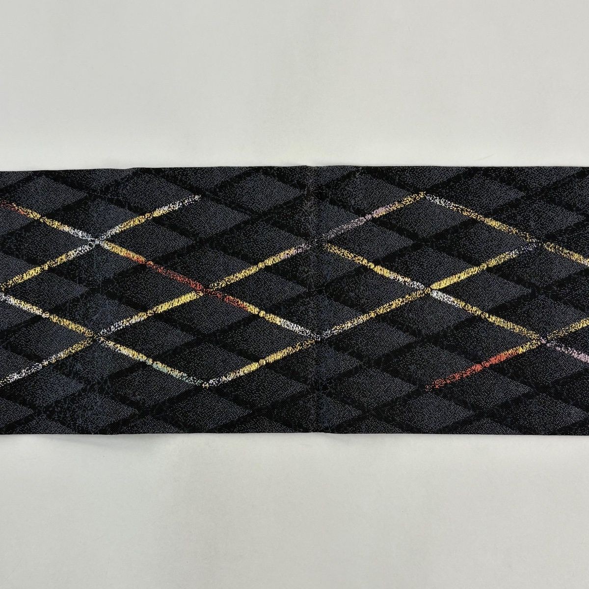 Nagoya Obi Embroidery Gold Silver Thread Diagonal Lattice Black Gray Silk 359cm