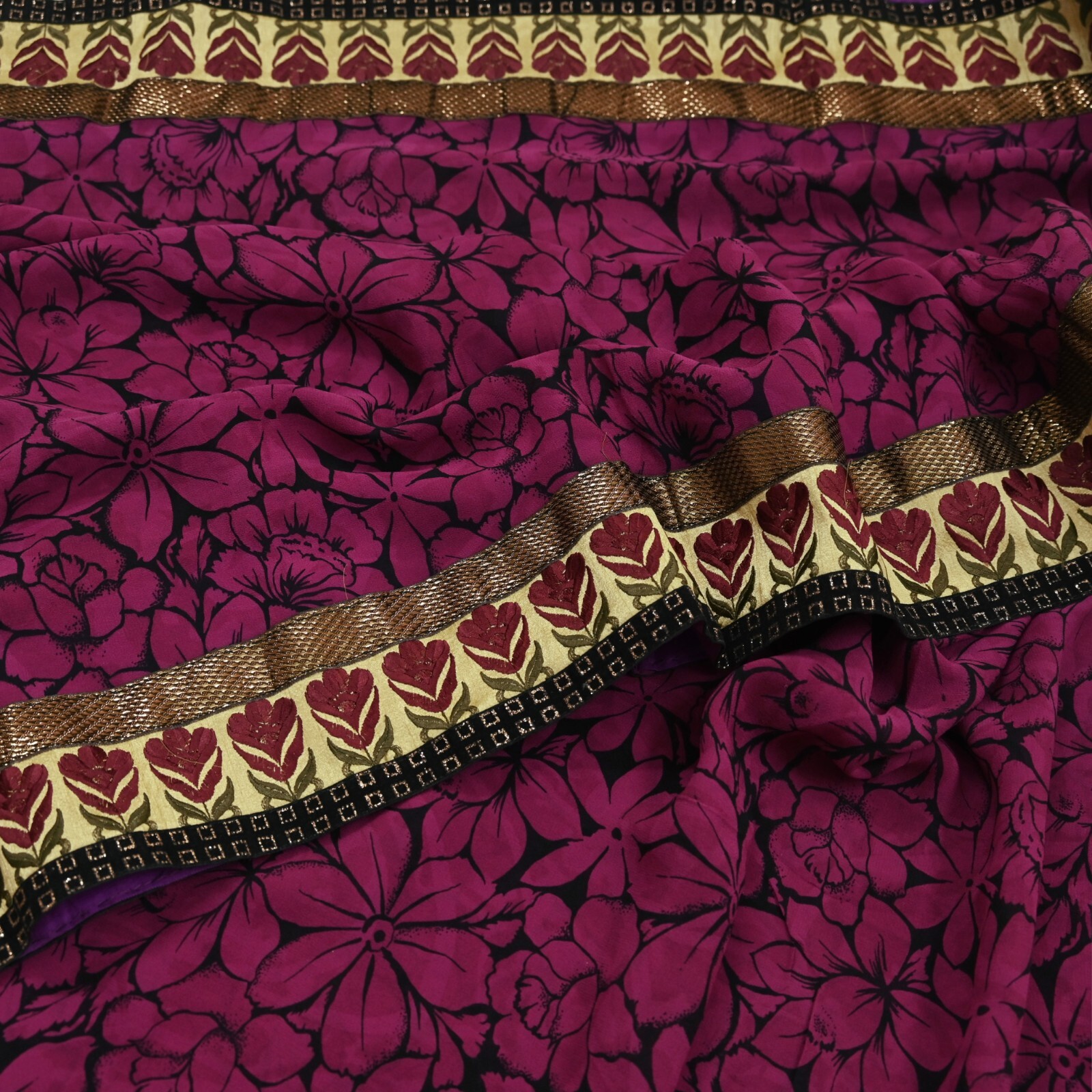 Indian Vintage Sari Pure Georgette Silk Printed Saree Craft Fabric Sewing 5yd