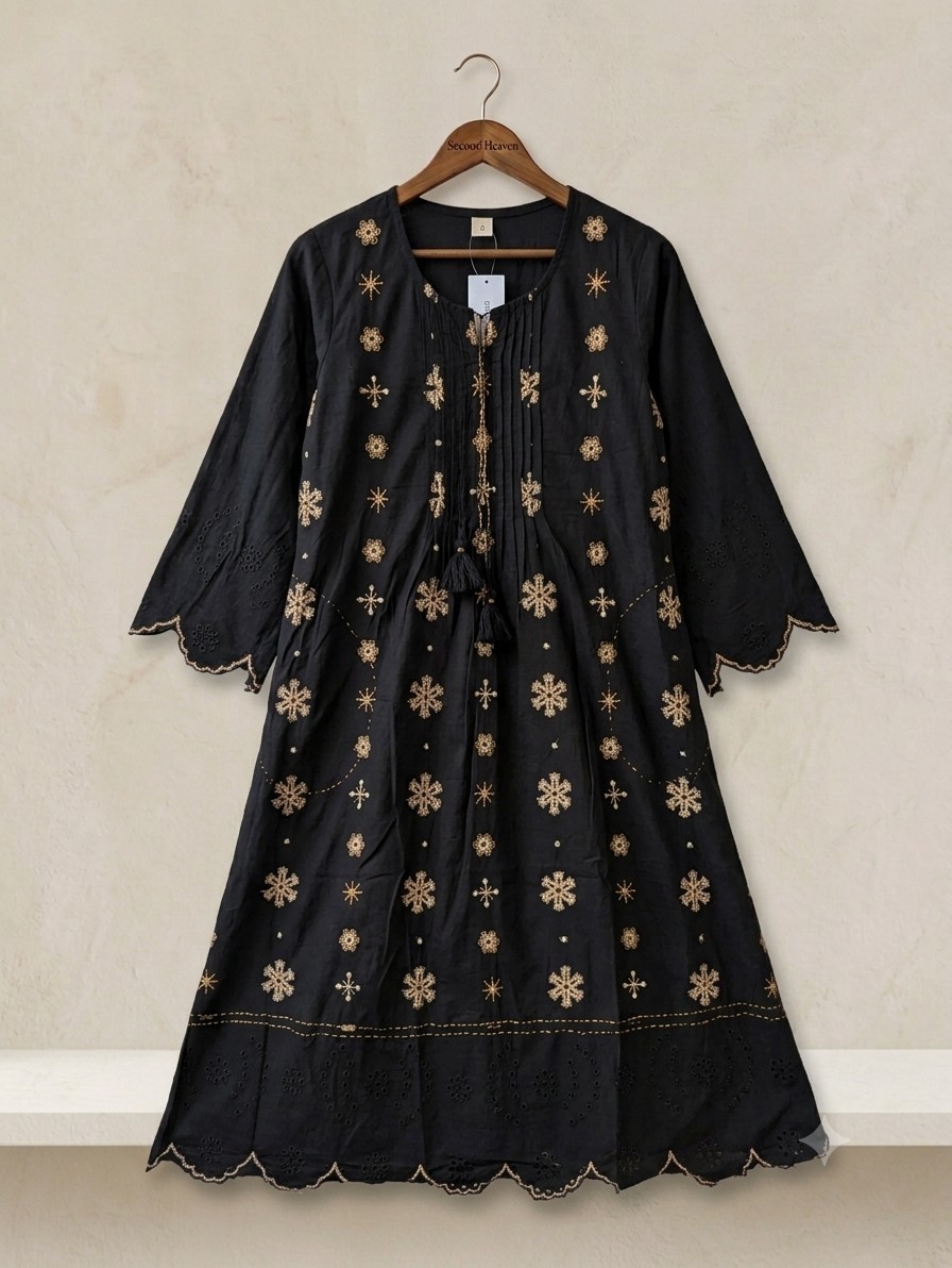 Embroidered Black Kurti with Gold Embellishments for Women