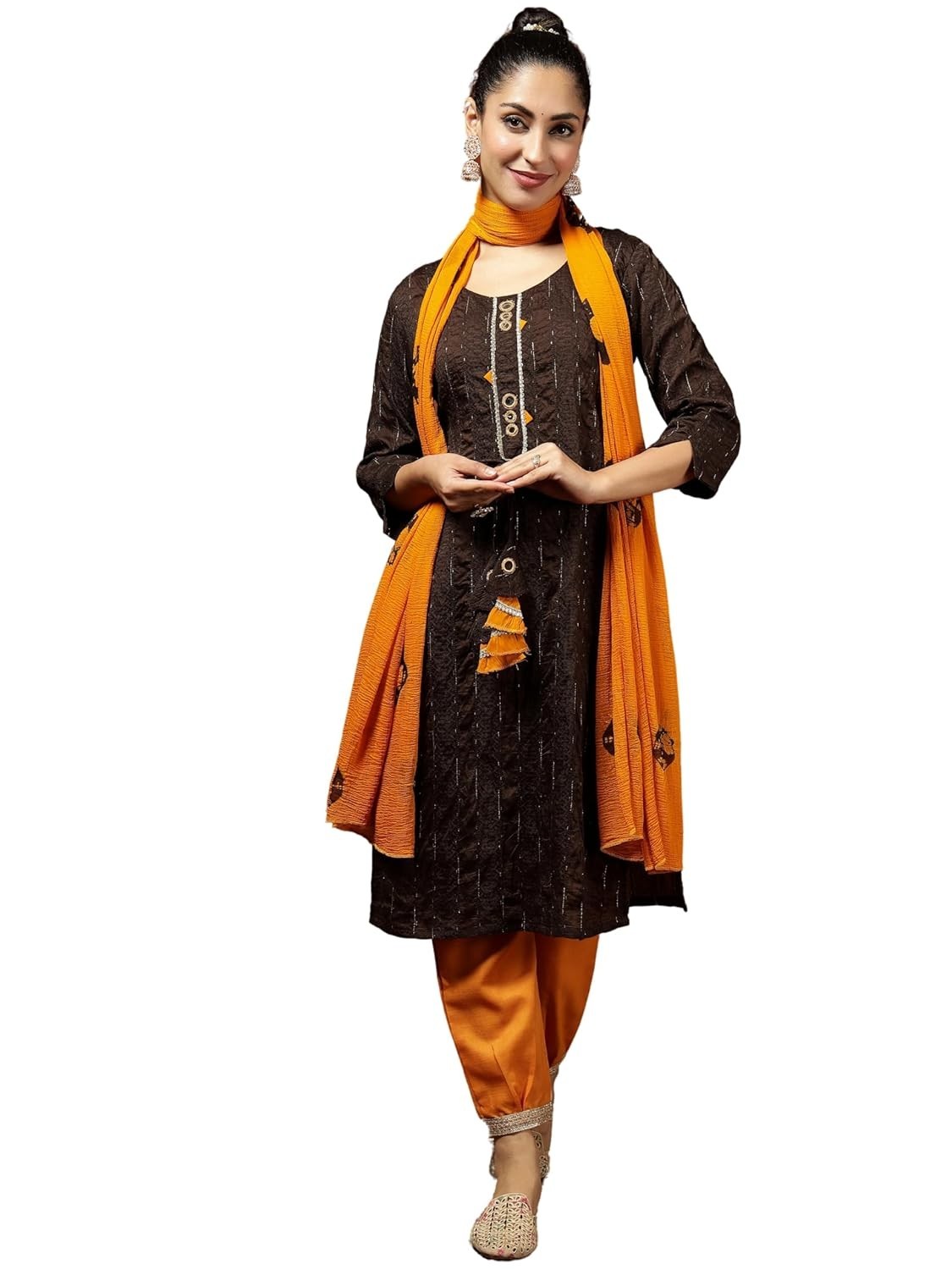 Women Wine Chanderi Silk Woven Zari Mirror Work Stright Kurta Pant with Dupatta