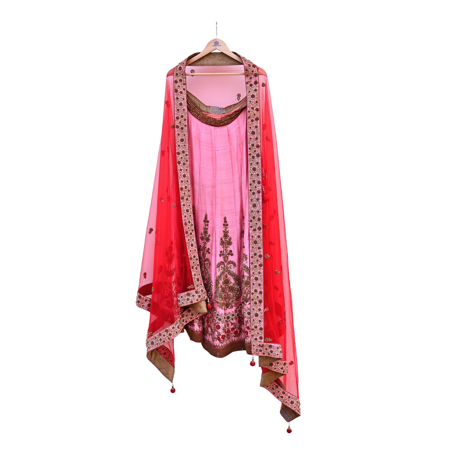 Indian Heavy Pink Red Raw Silk & Net Hand Embroidered Designer Lehenga 3pcs Set