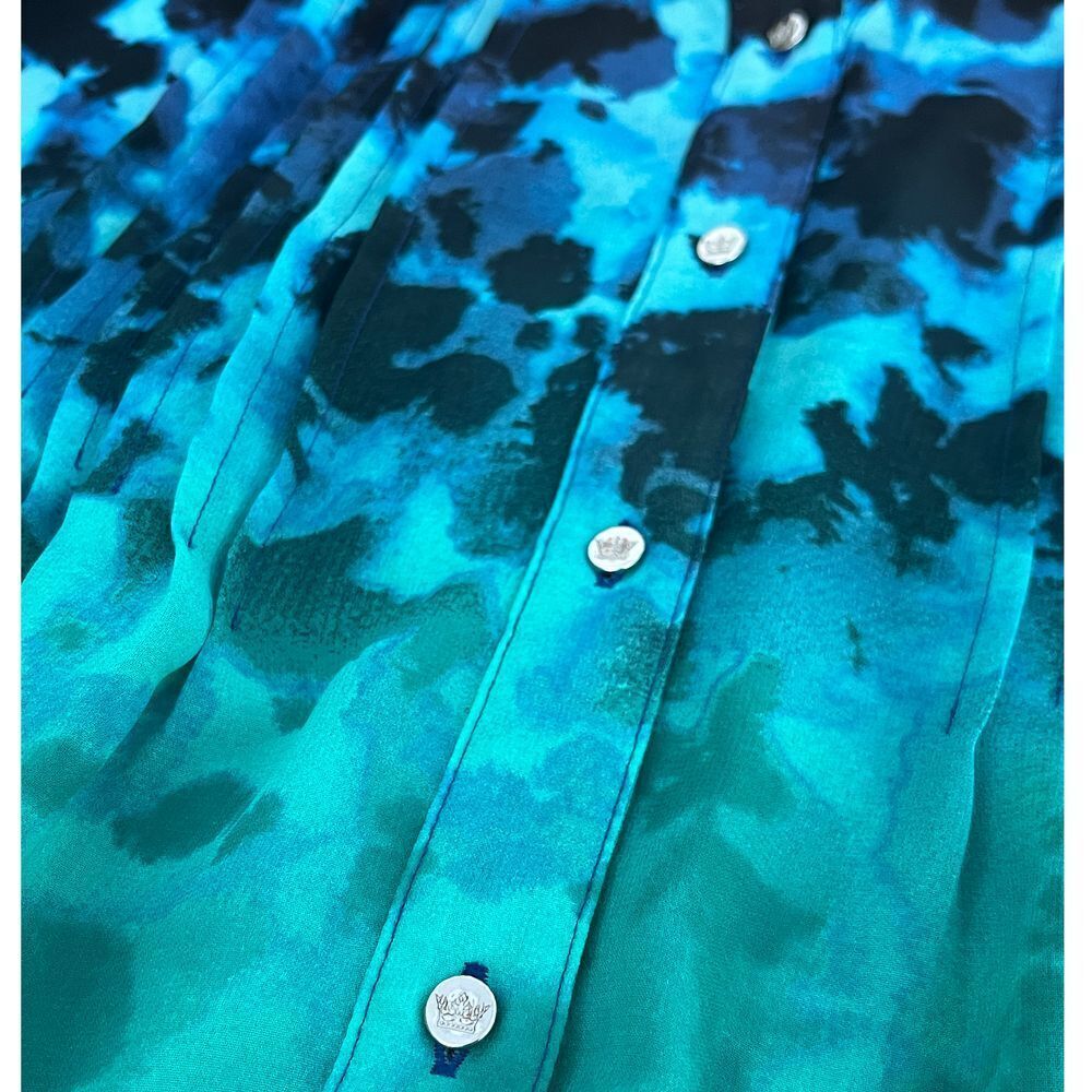 Watercolor Ombre Pattern Button Blouse Turquoise Navy Blue Beach Artsy Small Med