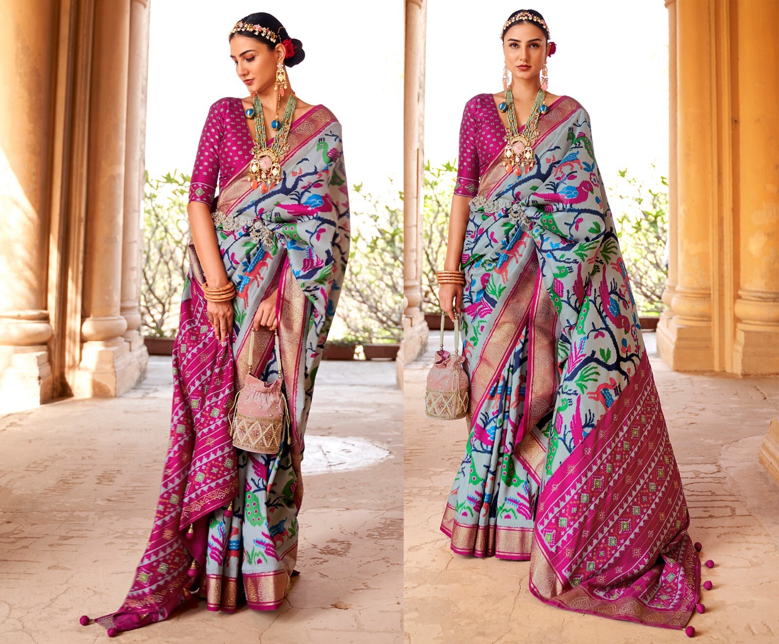 Bluish Grey Patola Saree With Lovely Red Patola Border And Rajvadi Tessles