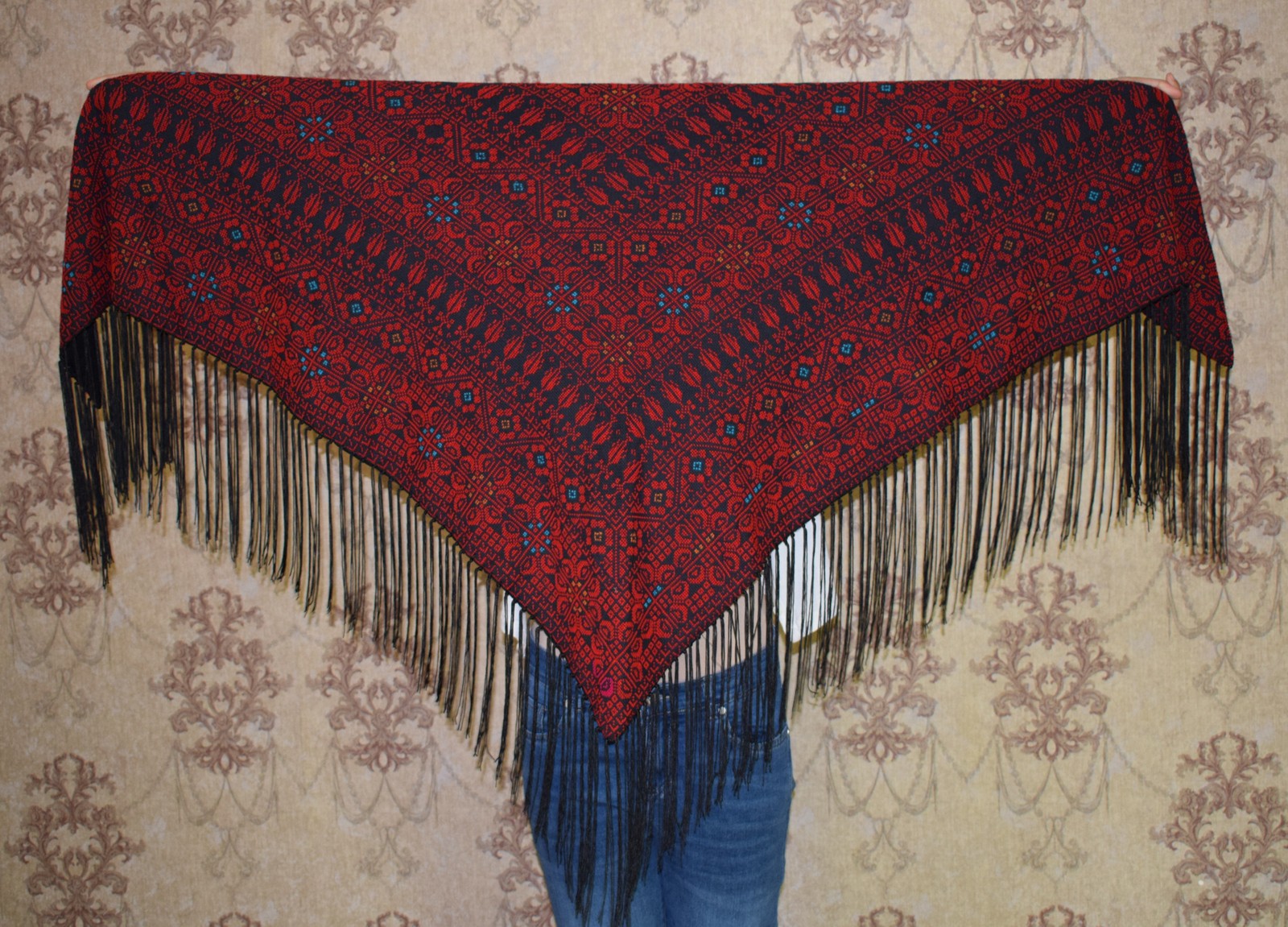 Palestinian Bedouin Embroidered Shawl Scarf – Handmade Tatreez Wrap