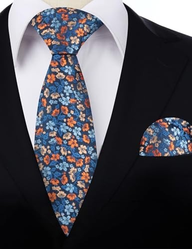Mens 3.15inches Exquisite Floral Tie with Small Flower G142-navy+orange Red