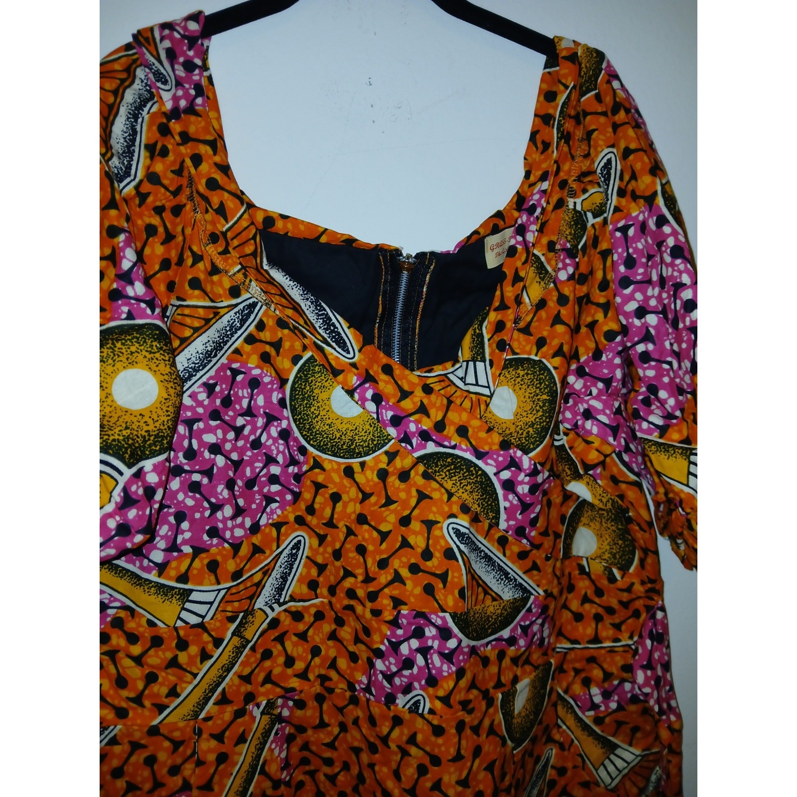 Nigerian Grass Field Cotton Wax Print Ethnic Fabric Dress 20 Orange Pink 2X