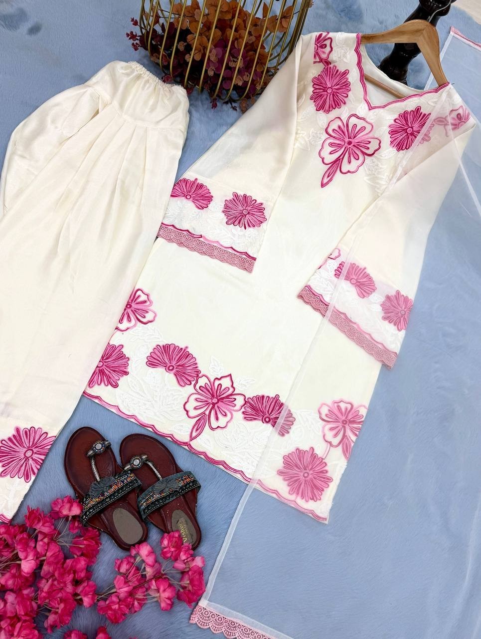 New Launching Pure Roman Glass White Top Bottom With Dupatta For Party Wear