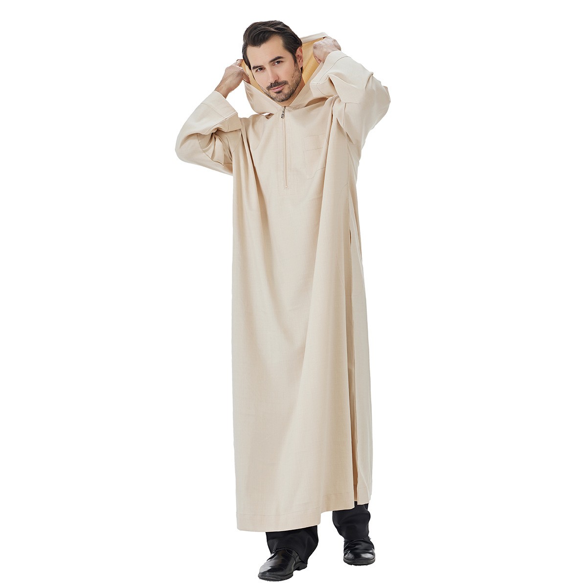 Men Islamic Robe Arab Caftan Muslim Hooded Dubai Thobe Jubba Dishdasha Thoub New