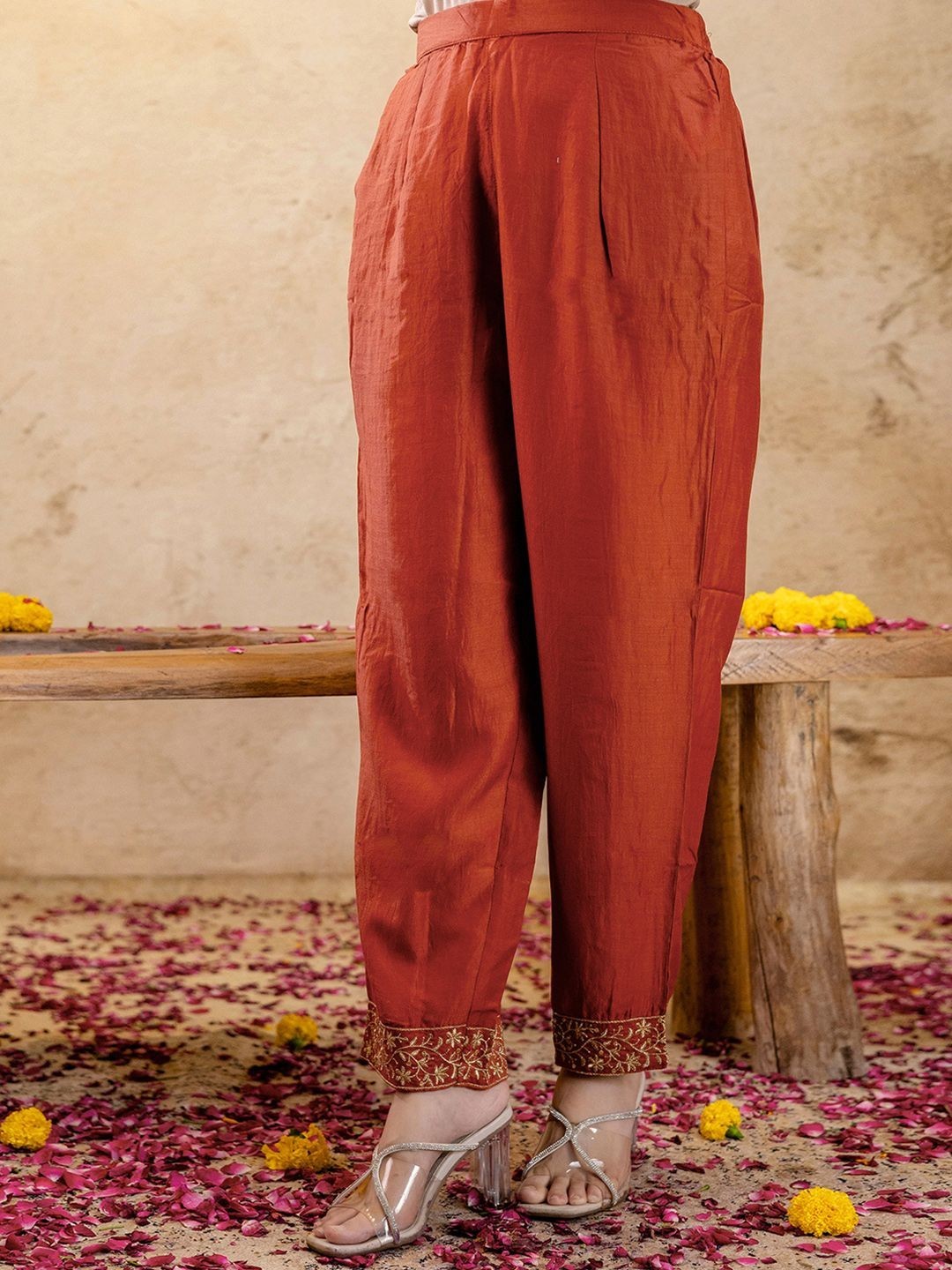 Women Rust Orange Anarkali Kurta Set with Dupatta | Embroidered Ethnic Suit |