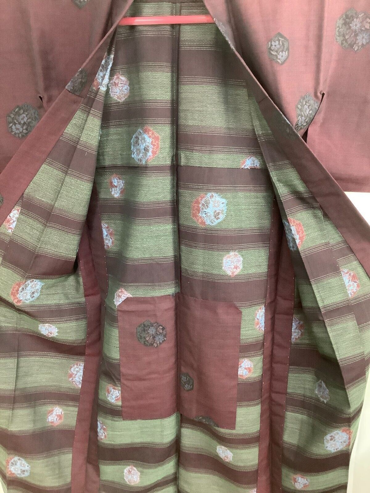 Japanese Vintage Kimono Silk Fabric Wine Red Oshima Expensive Flower 151cm