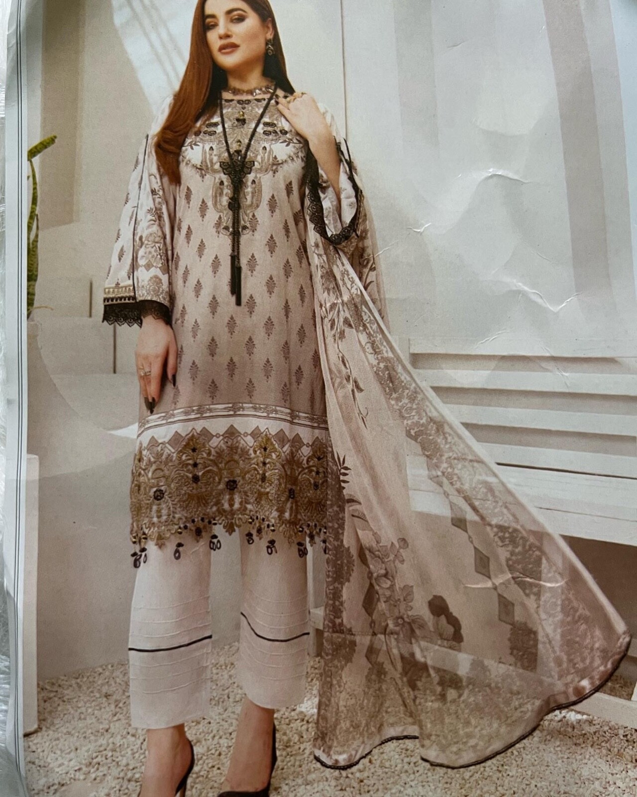 Pakistani / Indian 3PC Shalwar Kameez Cotton Lawn Printed GREY/BLK Women Size XL