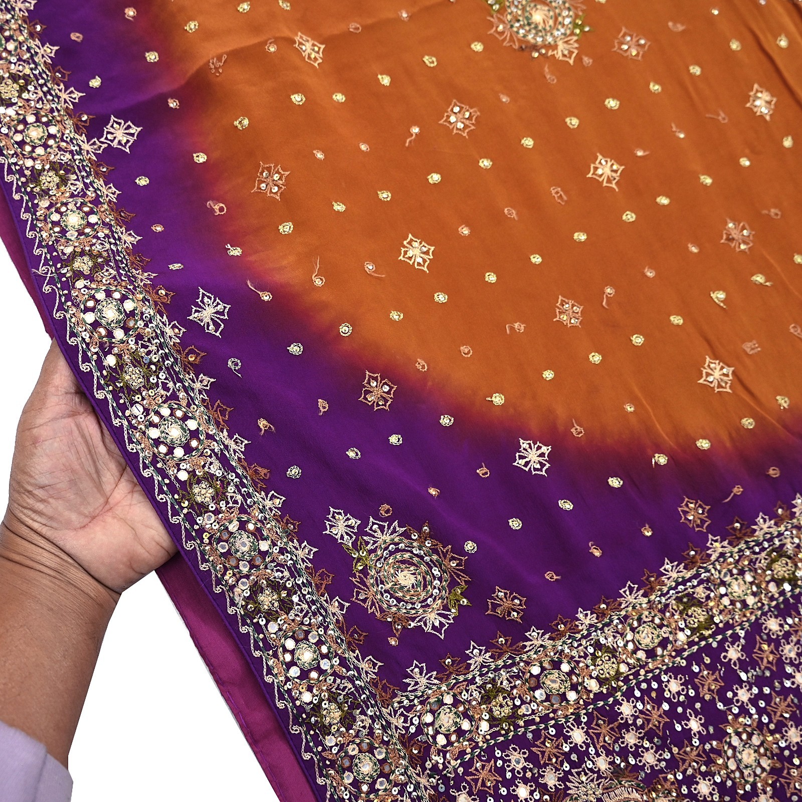 Indian Vintage Sari Purple & Mustard Pure Crepe Silk Hand Embroidered Sarees 6yd
