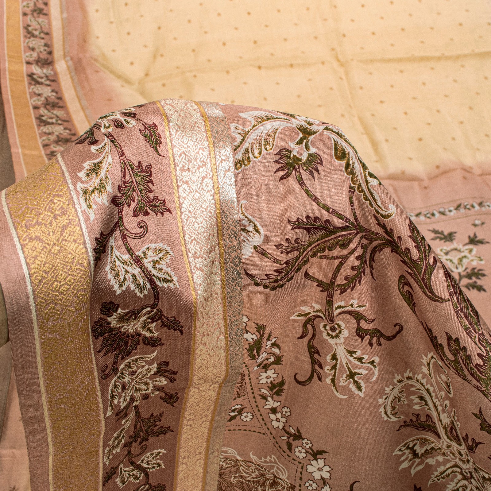 Sanskriti Vintage Soft Cream-Pink Pure Silk Sari Digital Print Floralsaree 5.5Yd