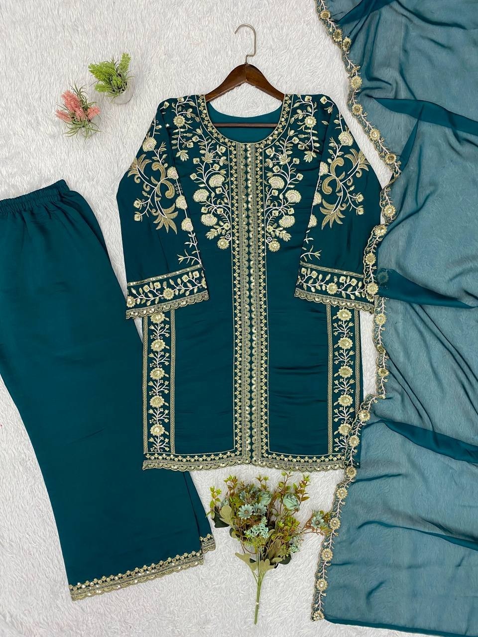 New Designer Teal Blue Roman Kurta Palazzo With Dupatta For Wedding Wear