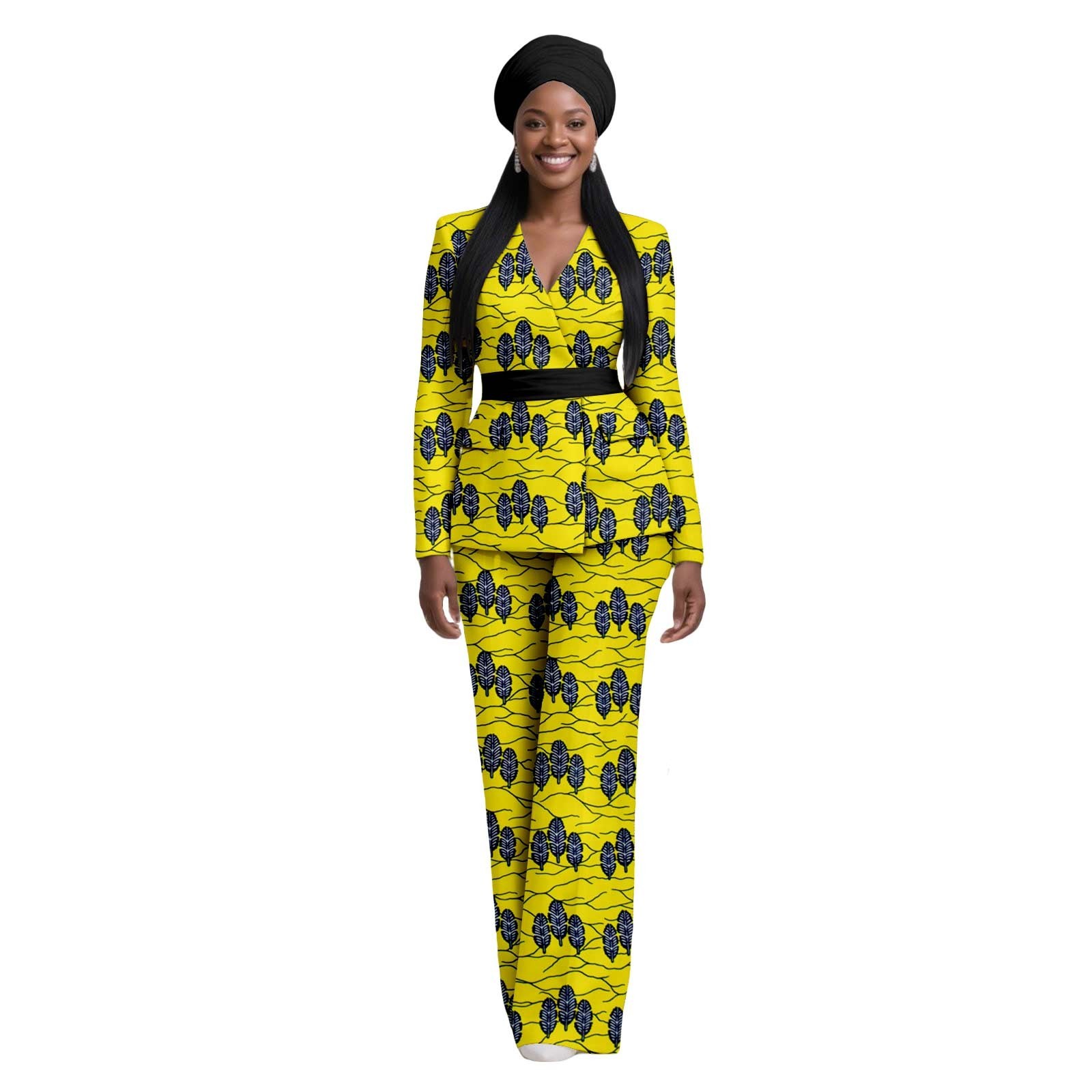 African Outfit for Women Long Sleeve Coat and Floor Length Pants with Headscarf